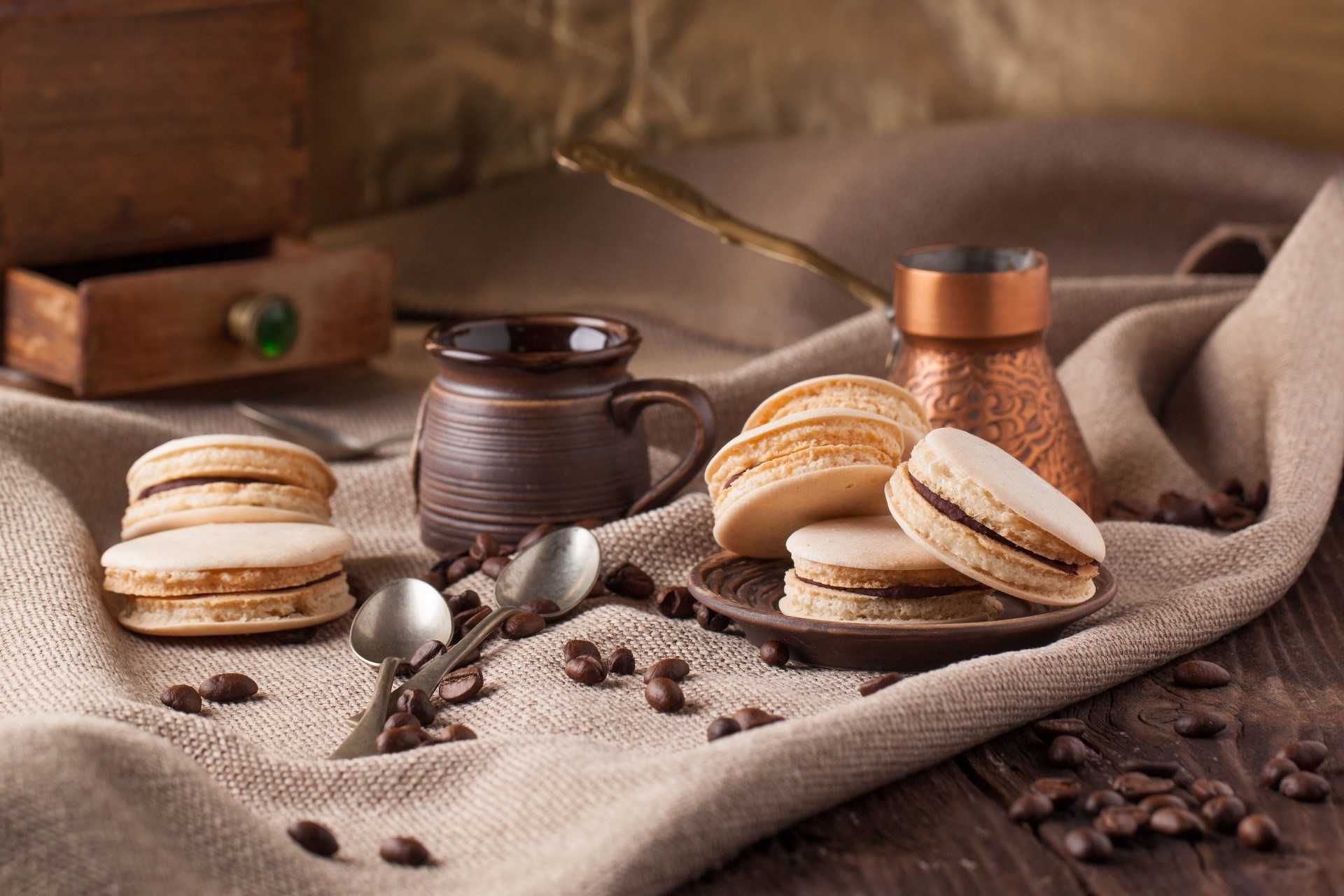 food, sweets, spoon, coffee beans, cookies, wooden surface, brown, HD Wallpaper