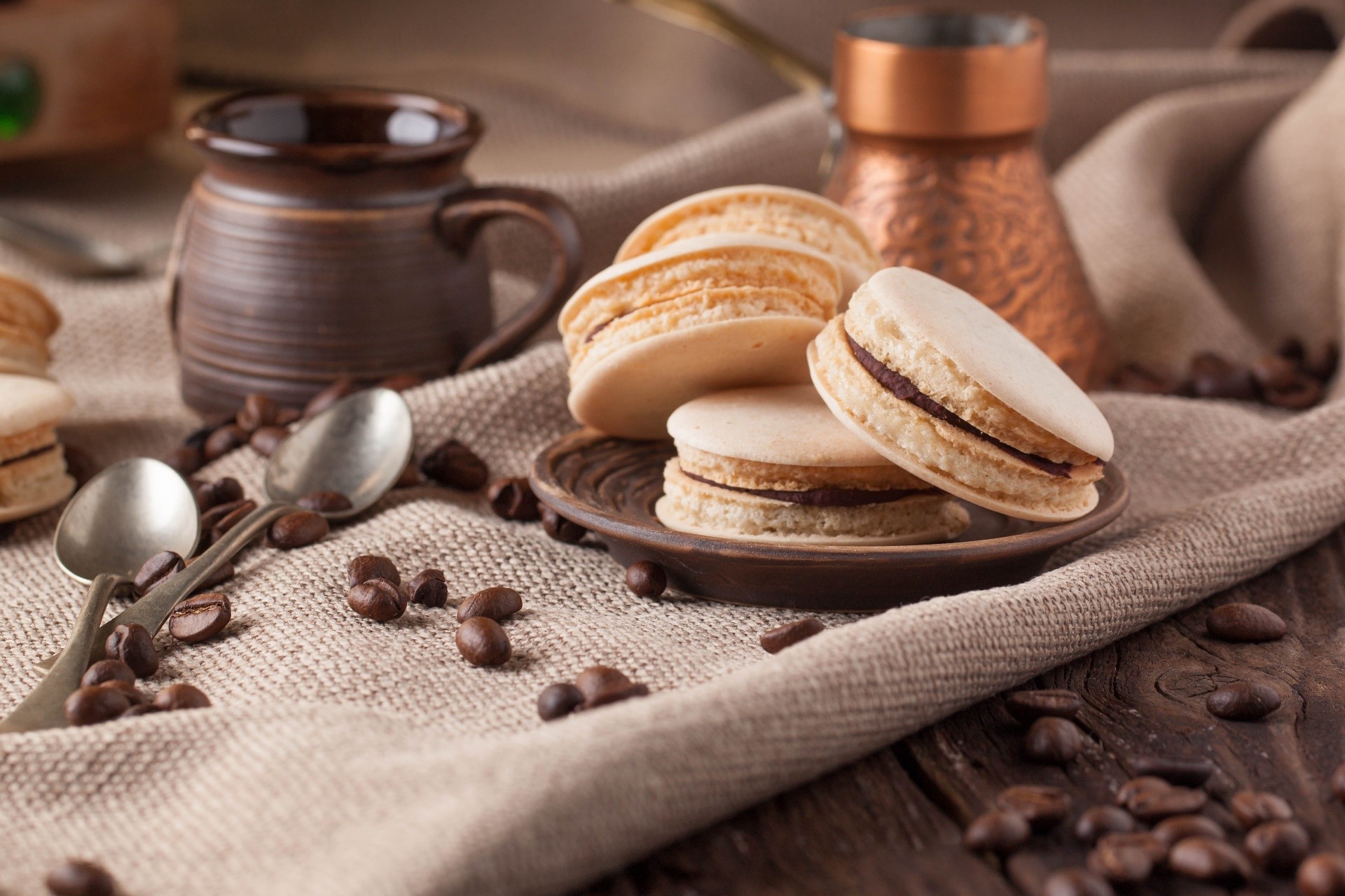 food, coffee beans, sweets, spoon, cookies, wooden surface, brown, HD Wallpaper