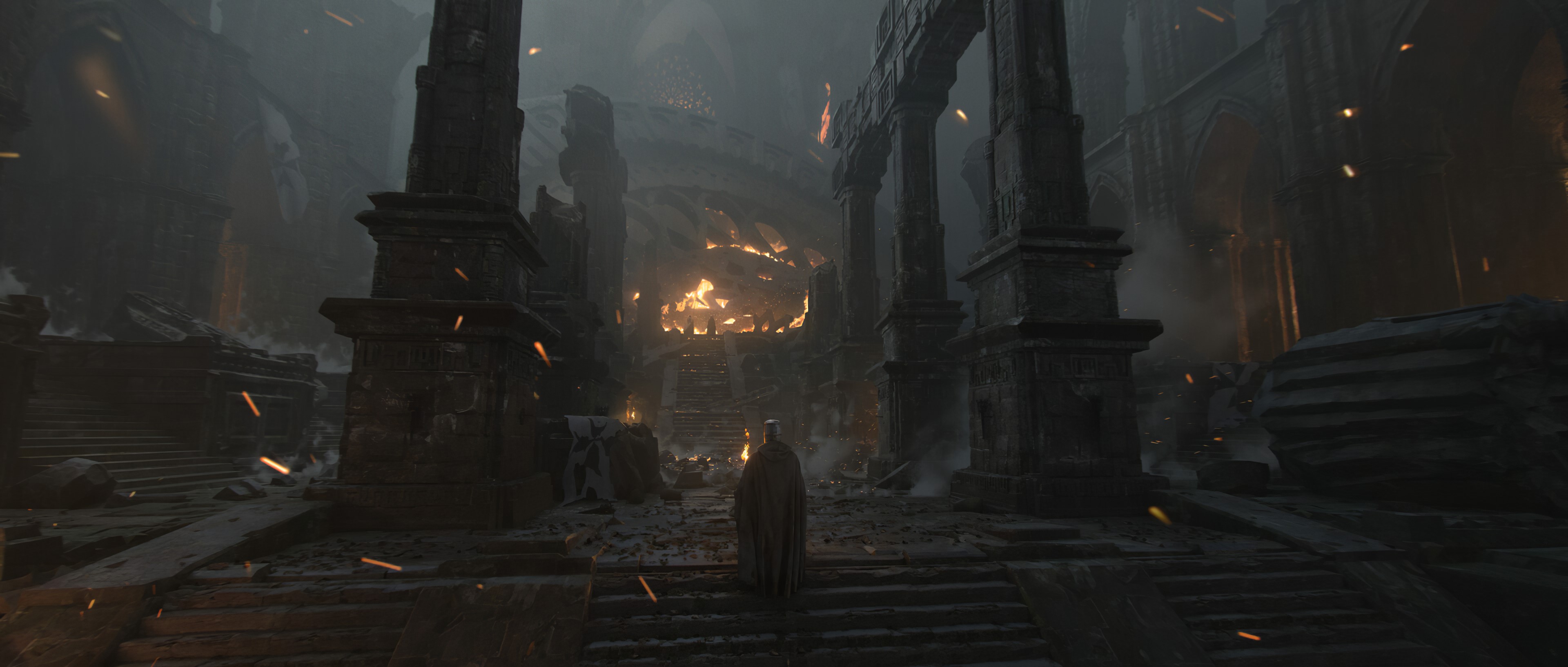 Florent Lebrun, ruins, fire, knight, HD Wallpaper