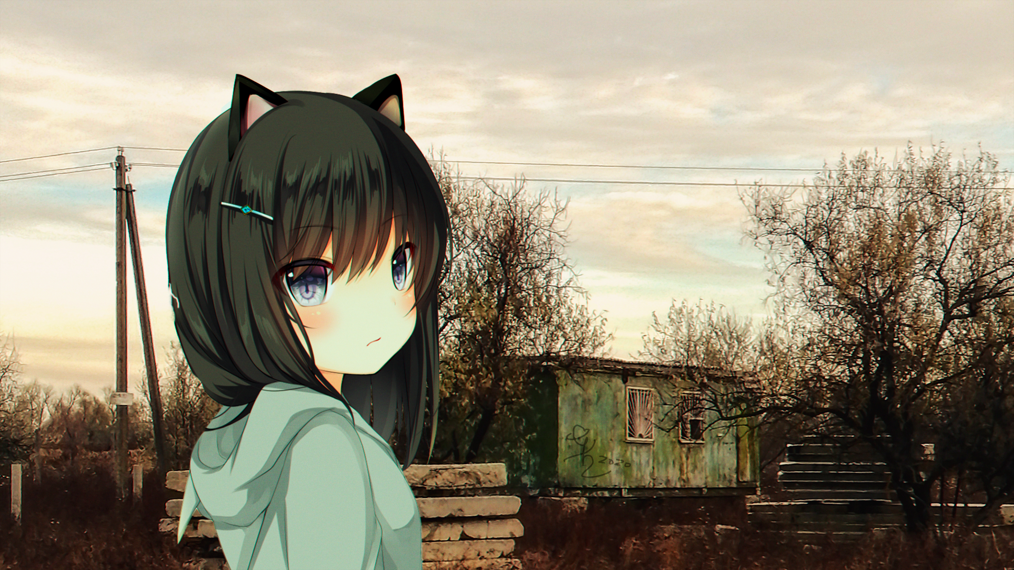 anime, anime girls, anime_irl, wasteland, Russia, cat girl, neko ears, sad, HD Wallpaper