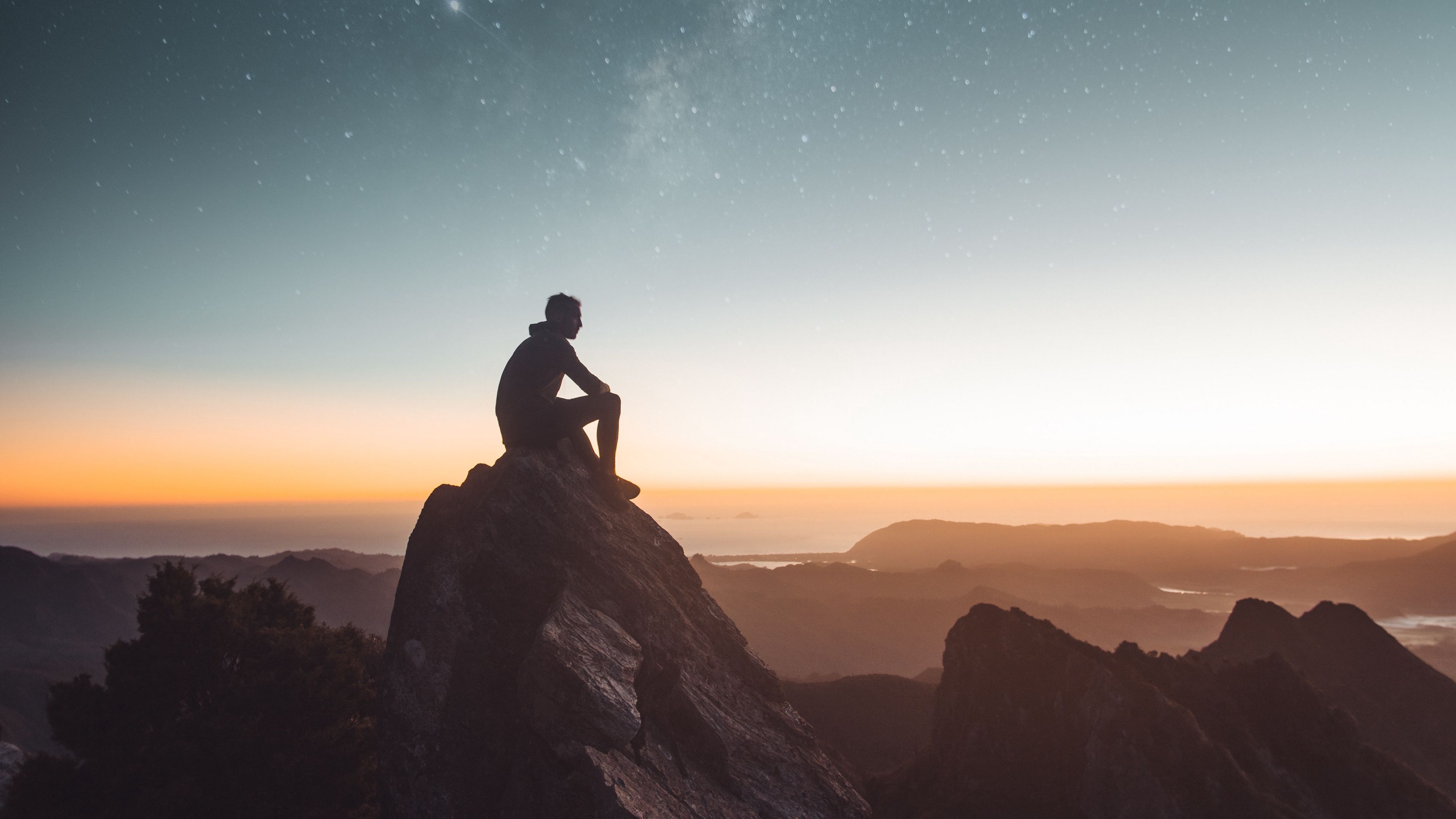 silhouette, rocks, starry sky, milky way, 4k, HD Wallpaper