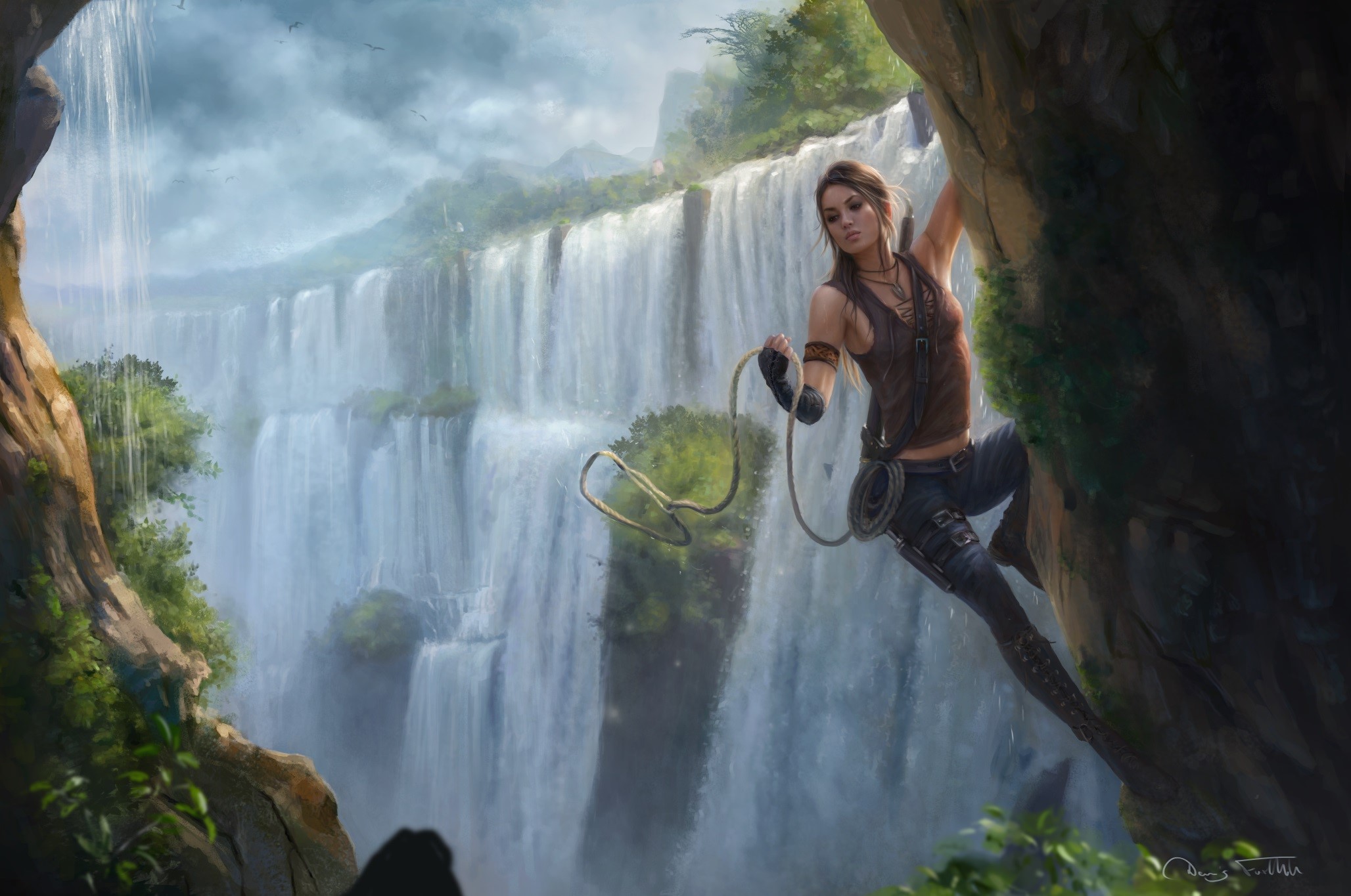 Jorsch, drawing, Tomb Raider, women, brunette, long hair, ropes, tank top, pants, pickaxes, waterfall, nature, climbing, boots, Asian, HD Wallpaper