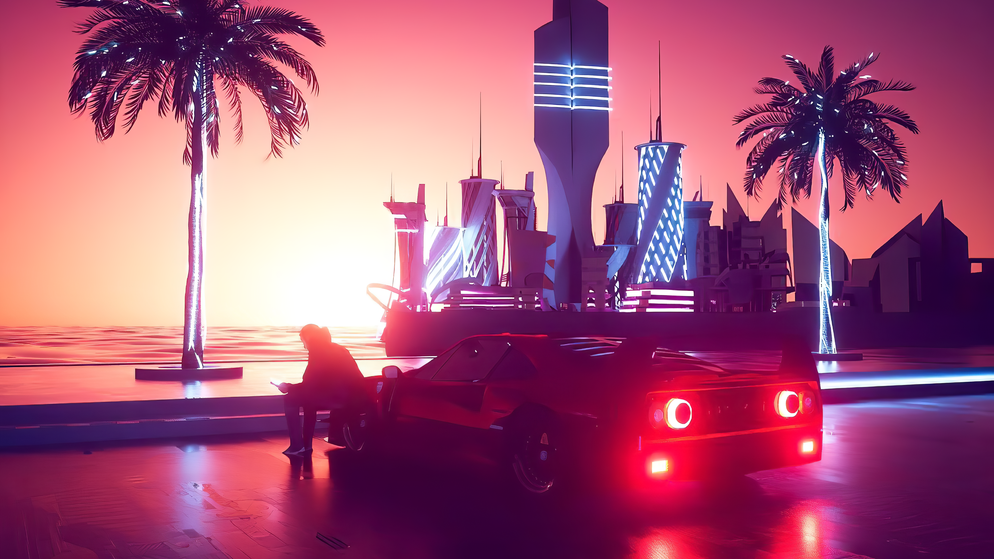 car, palm trees, sunset, reflection, water, HD Wallpaper