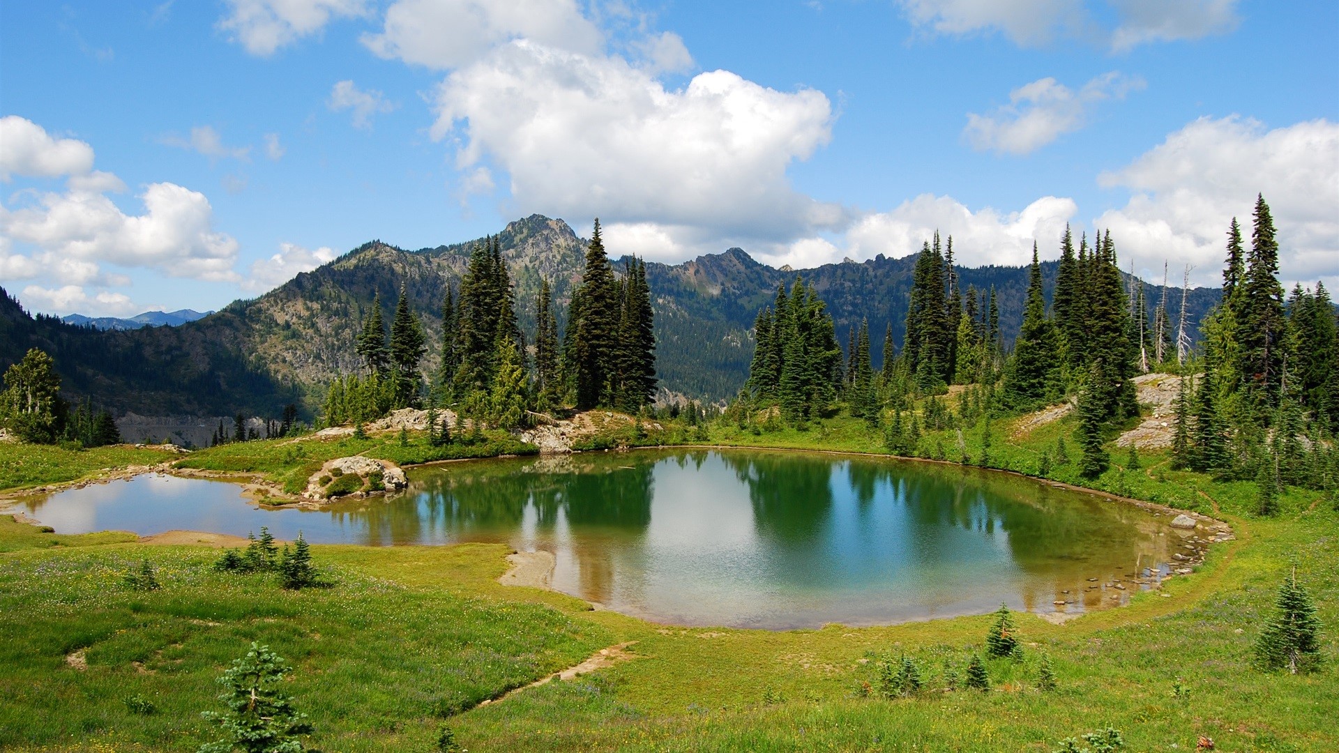lake, reflection, mountains, grass, trees, sky, clouds, nature, water, landscape, HD Wallpaper
