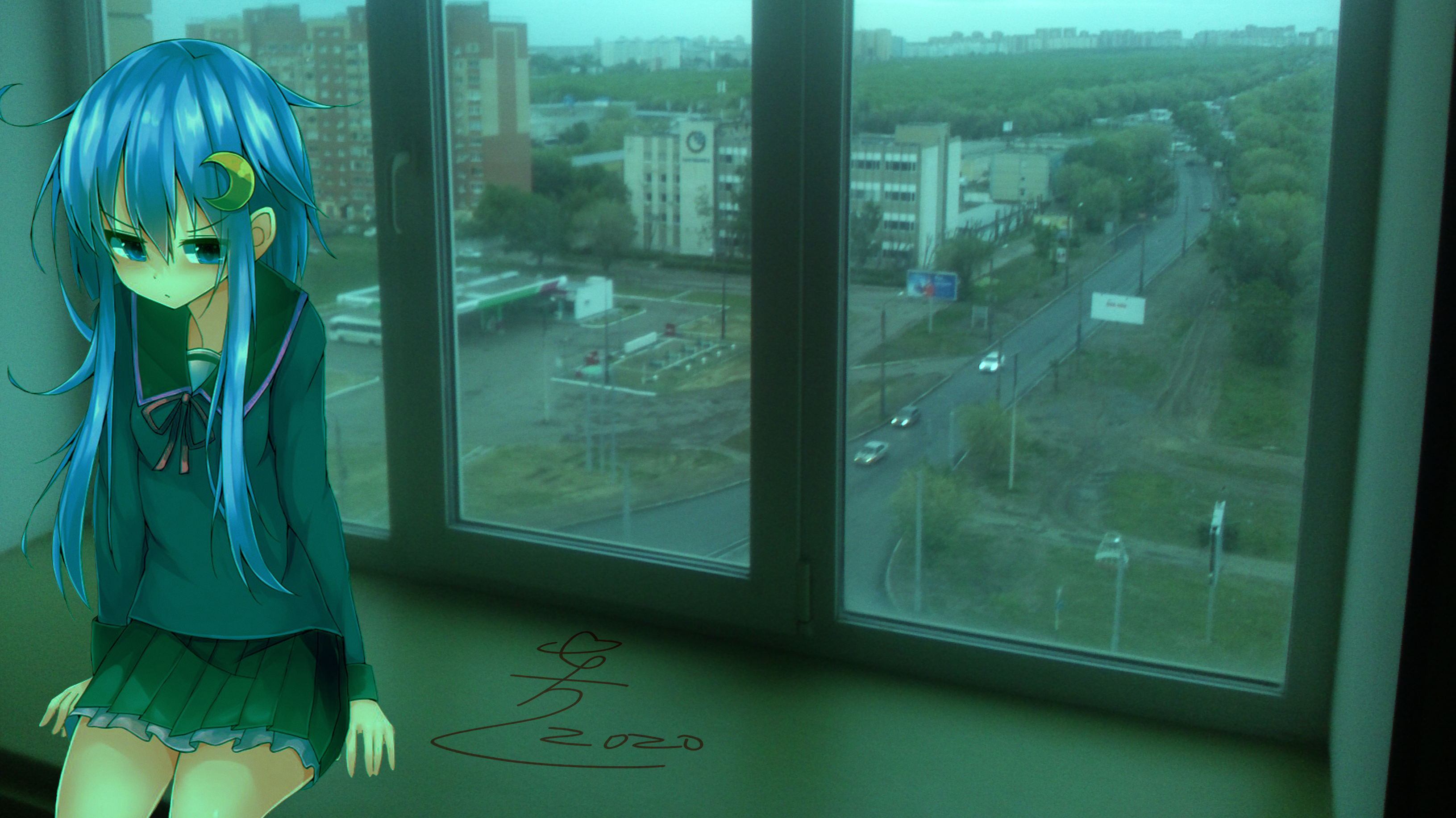 anime, anime girls, sad, window ledge, city, rain, anime_irl, HD Wallpaper
