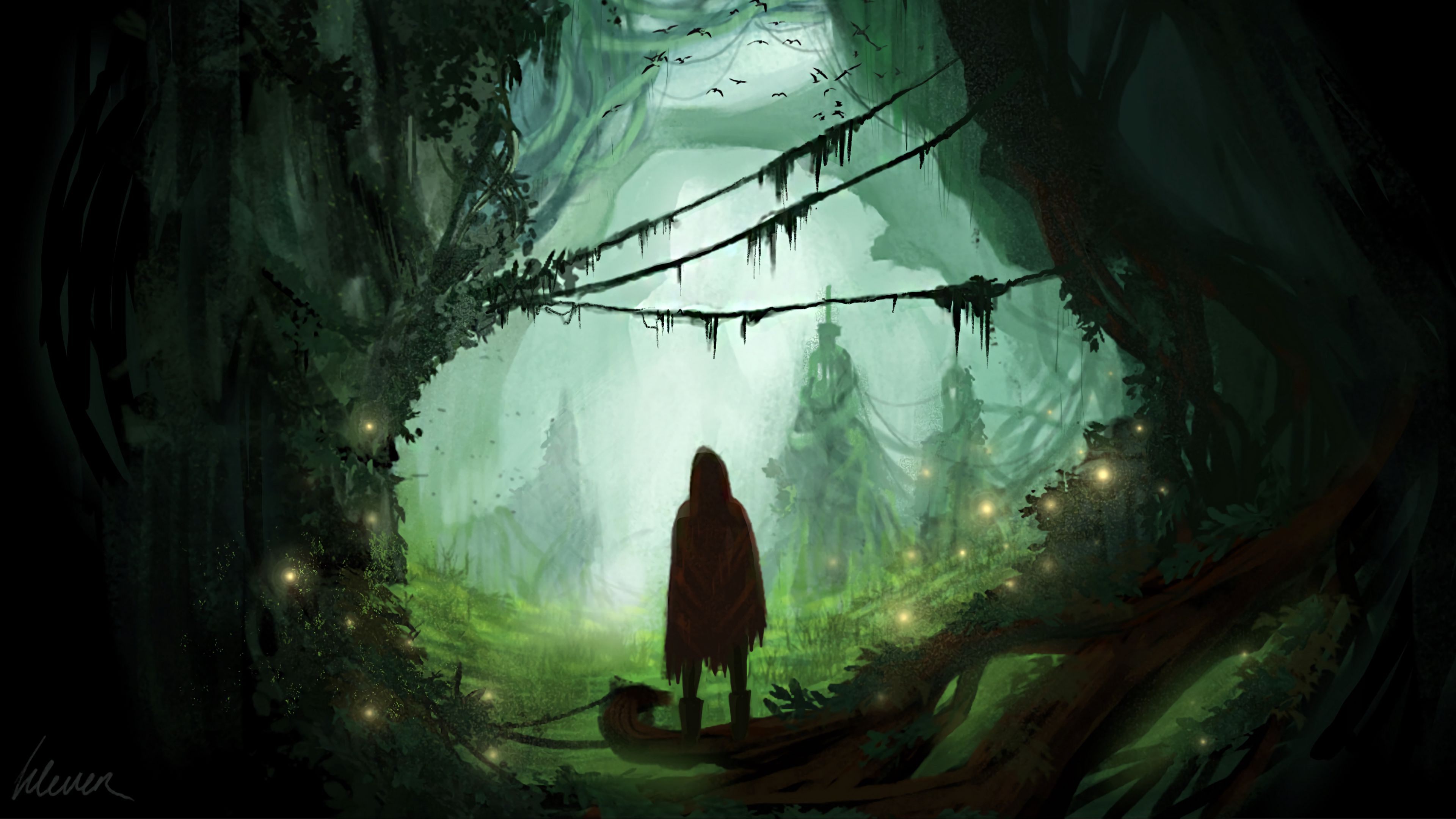 silhouette, forest, art, fog, 4k, HD Wallpaper