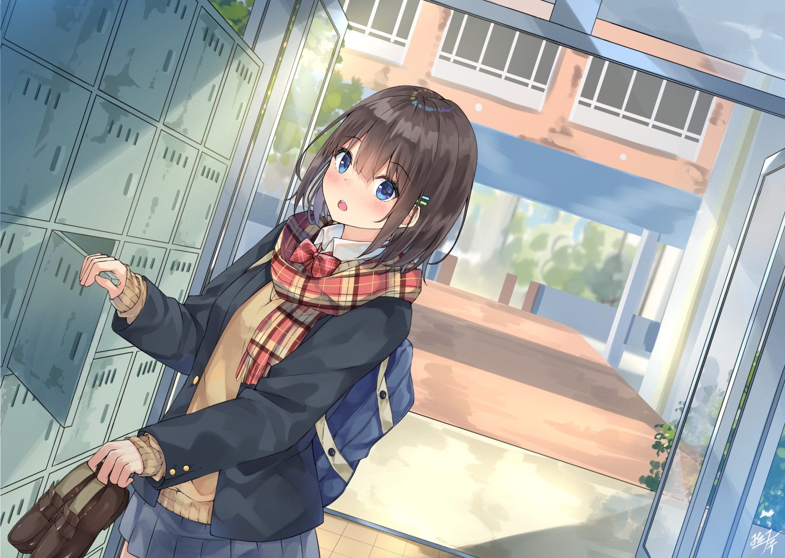 anime, anime girls, digital art, artwork, 2D, portrait, blue eyes, brunette, shoes, HD Wallpaper