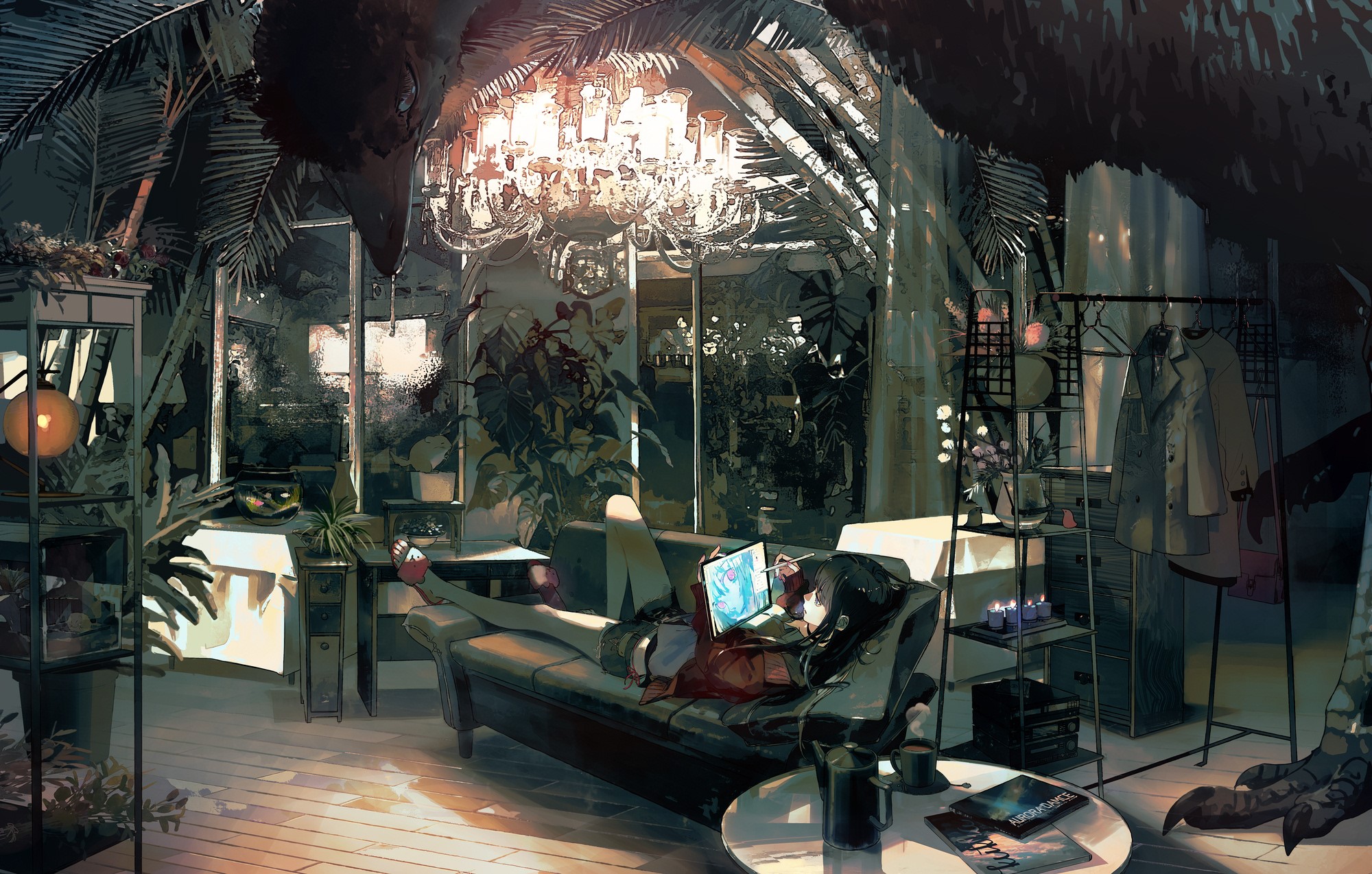 anime, anime girls, digital art, artwork, 2D, portrait, couch, room, interior, dark hair, legs, indoors, HD Wallpaper