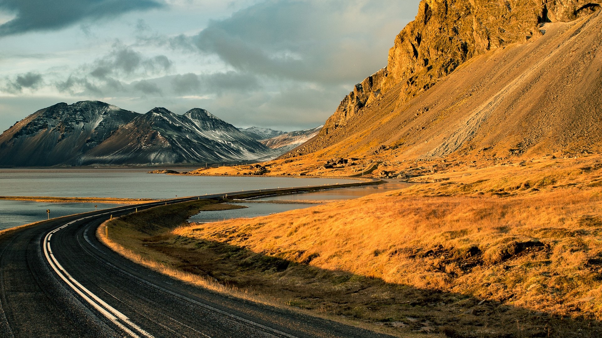 mountains, road, lake, asphalt, landscape, HD Wallpaper
