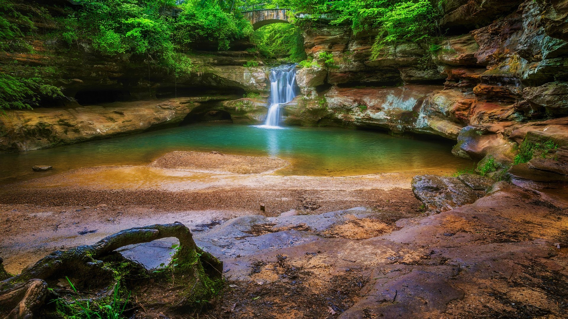 sand, rocks, trees, water, bridge, Ohio, USA, Hocking Hills State Park, HD Wallpaper