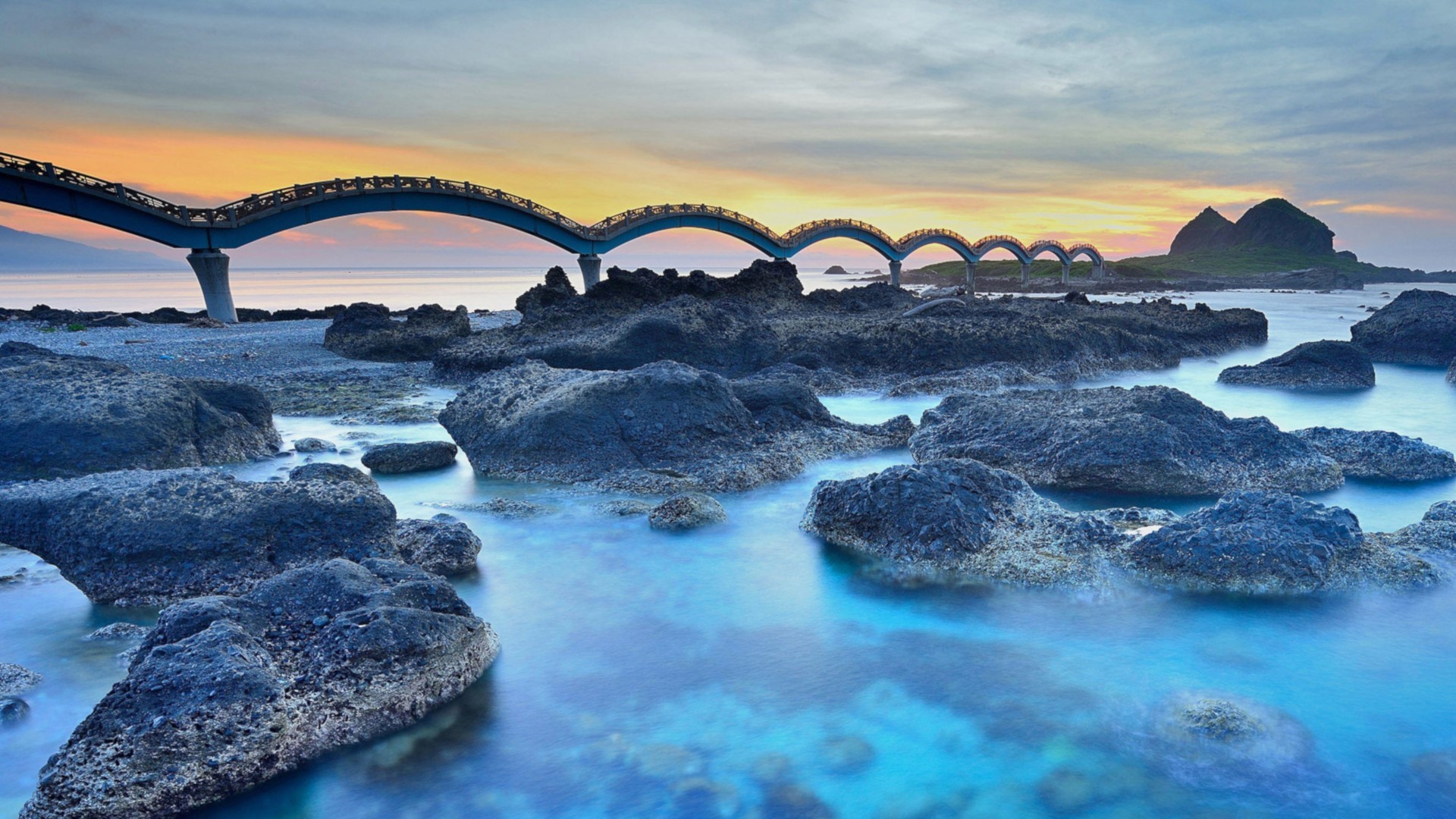 bridge, rocks, mountains, clouds, sunrise, Taiwan, HD Wallpaper