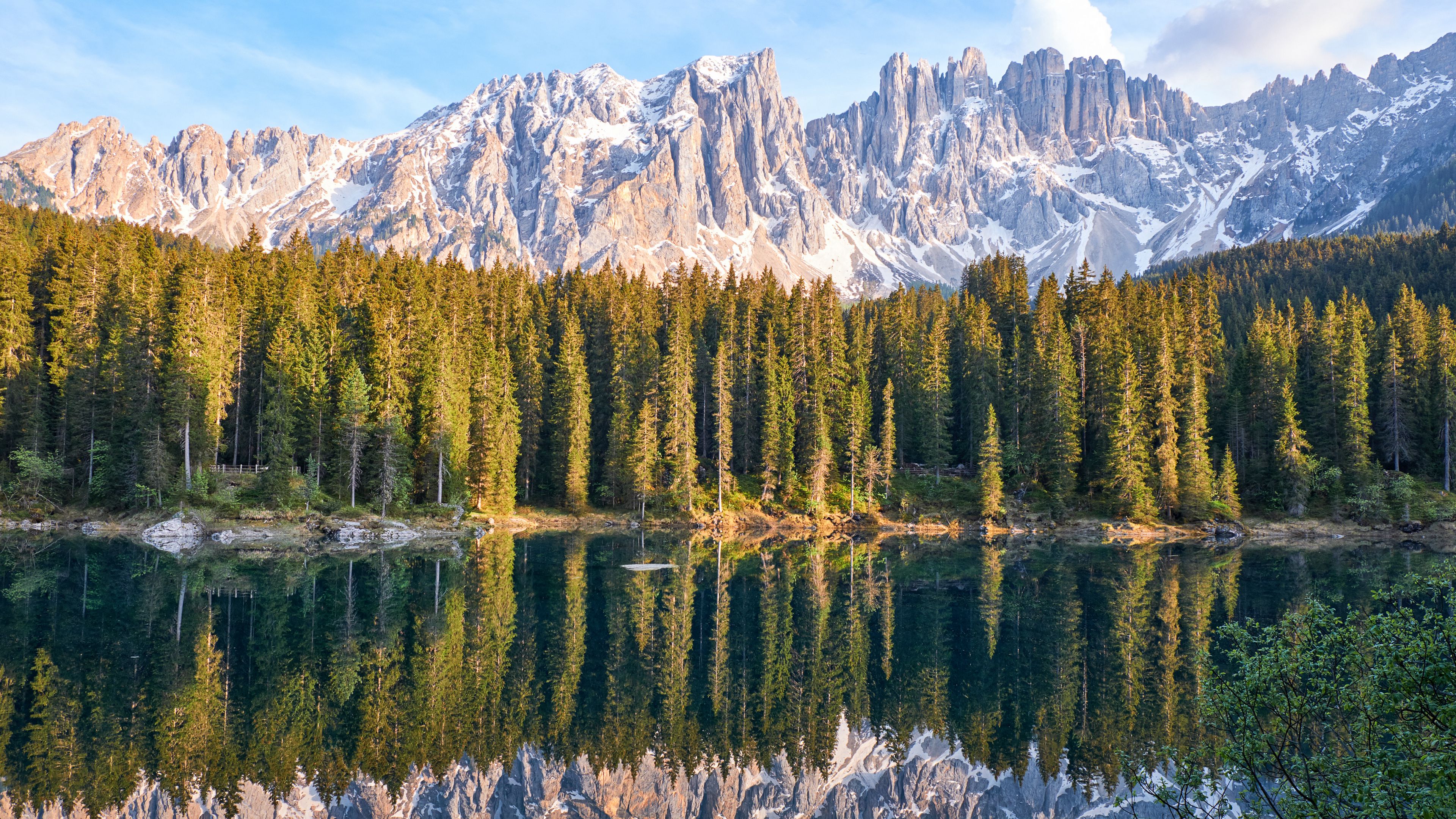 lake, mountain, trees, peaks, sky, reflection, 4k, HD Wallpaper