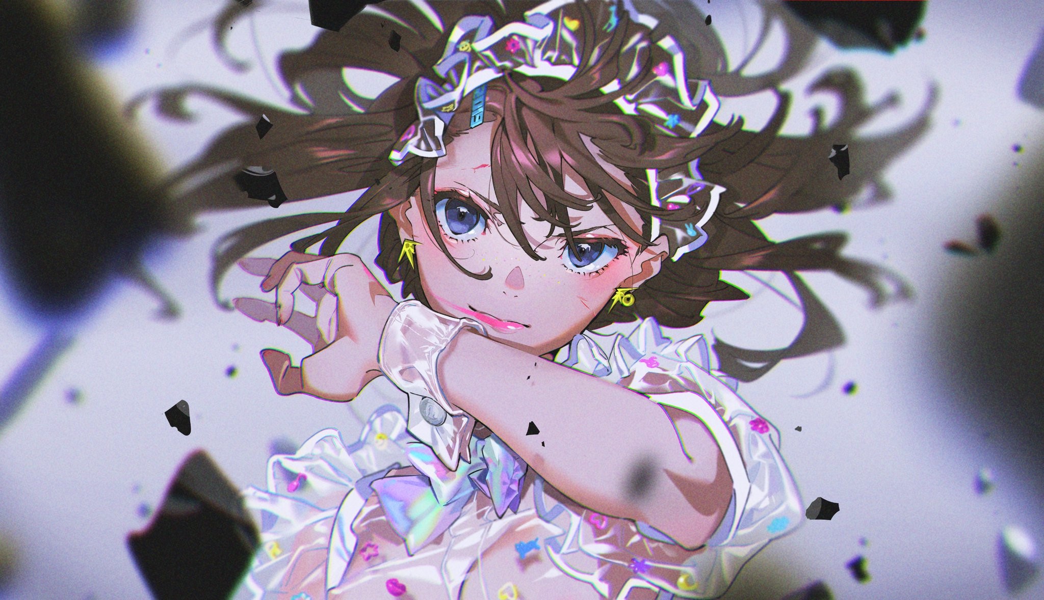brunette, blue eyes, long hair, wristwear, anime, HD Wallpaper