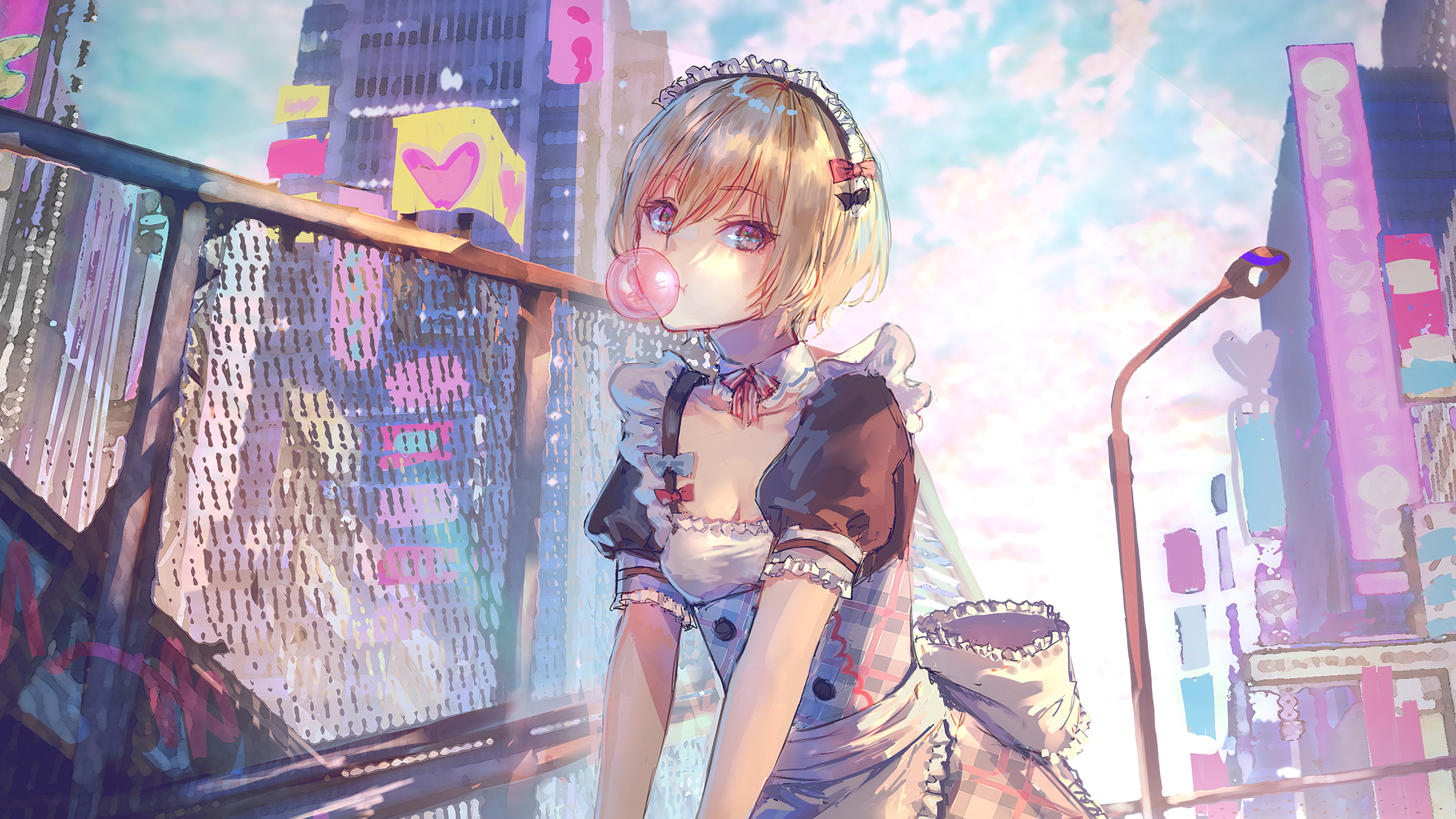 anime, anime girls, 2D, artwork, short hair, city, HD Wallpaper