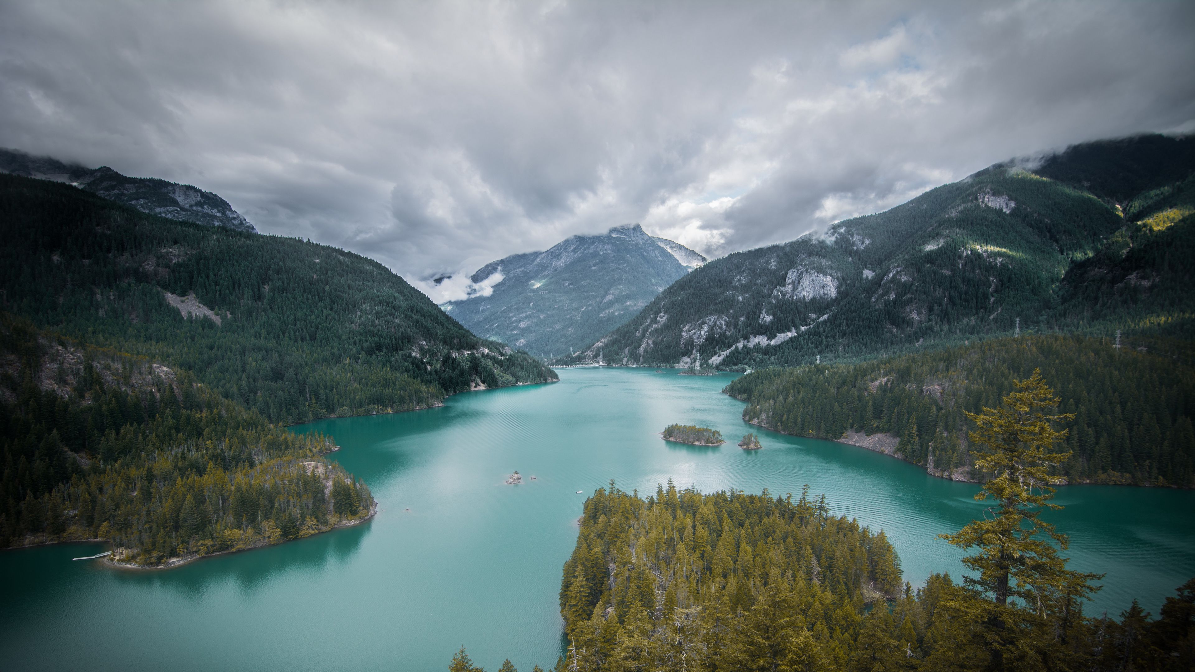 mountains, lake, aerial view, landscape, trees, 4k, HD Wallpaper