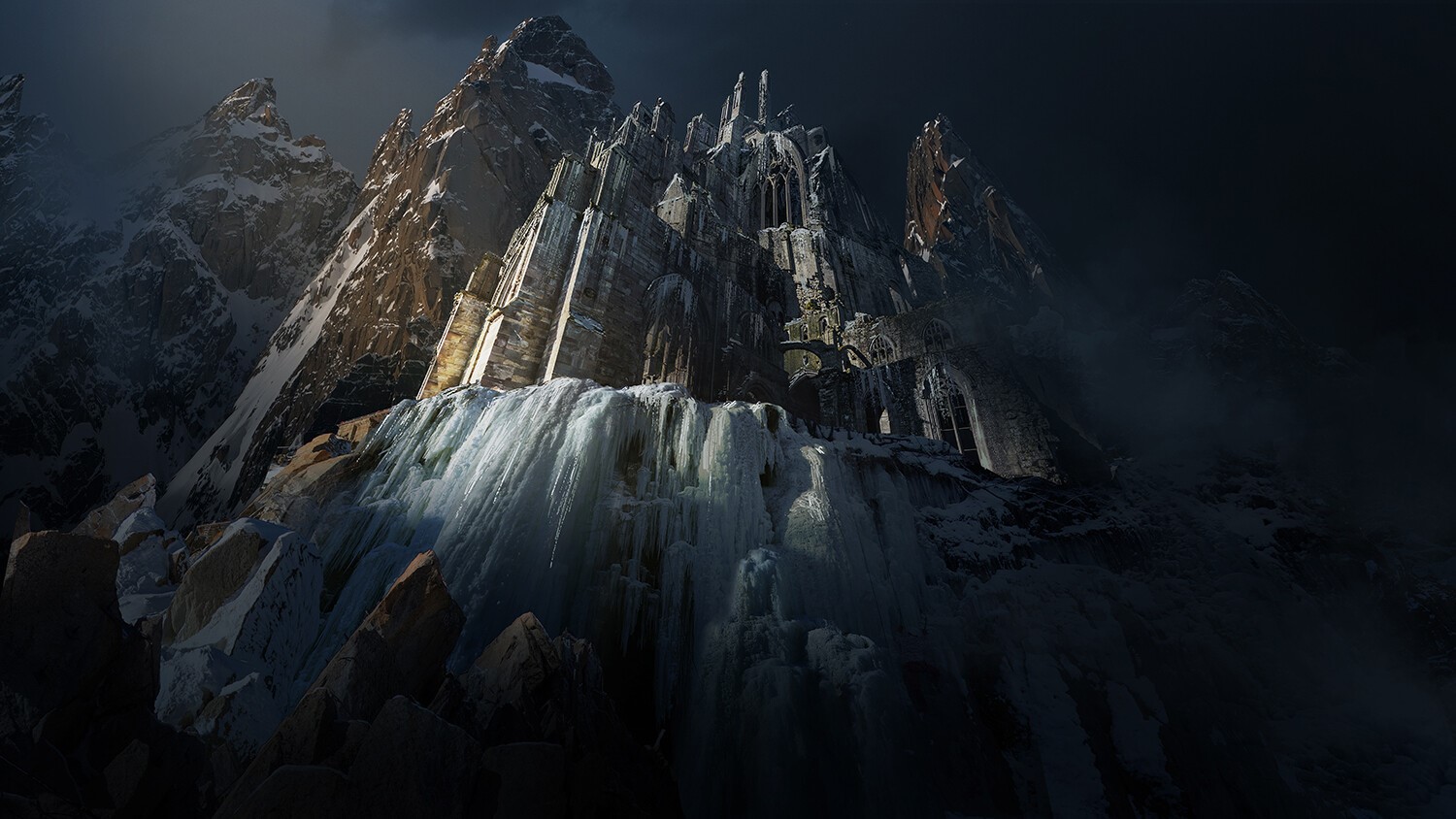 Andrey Bakulin, Myst, castle, landscape, fantasy art, digital, artwork, mountains, HD Wallpaper