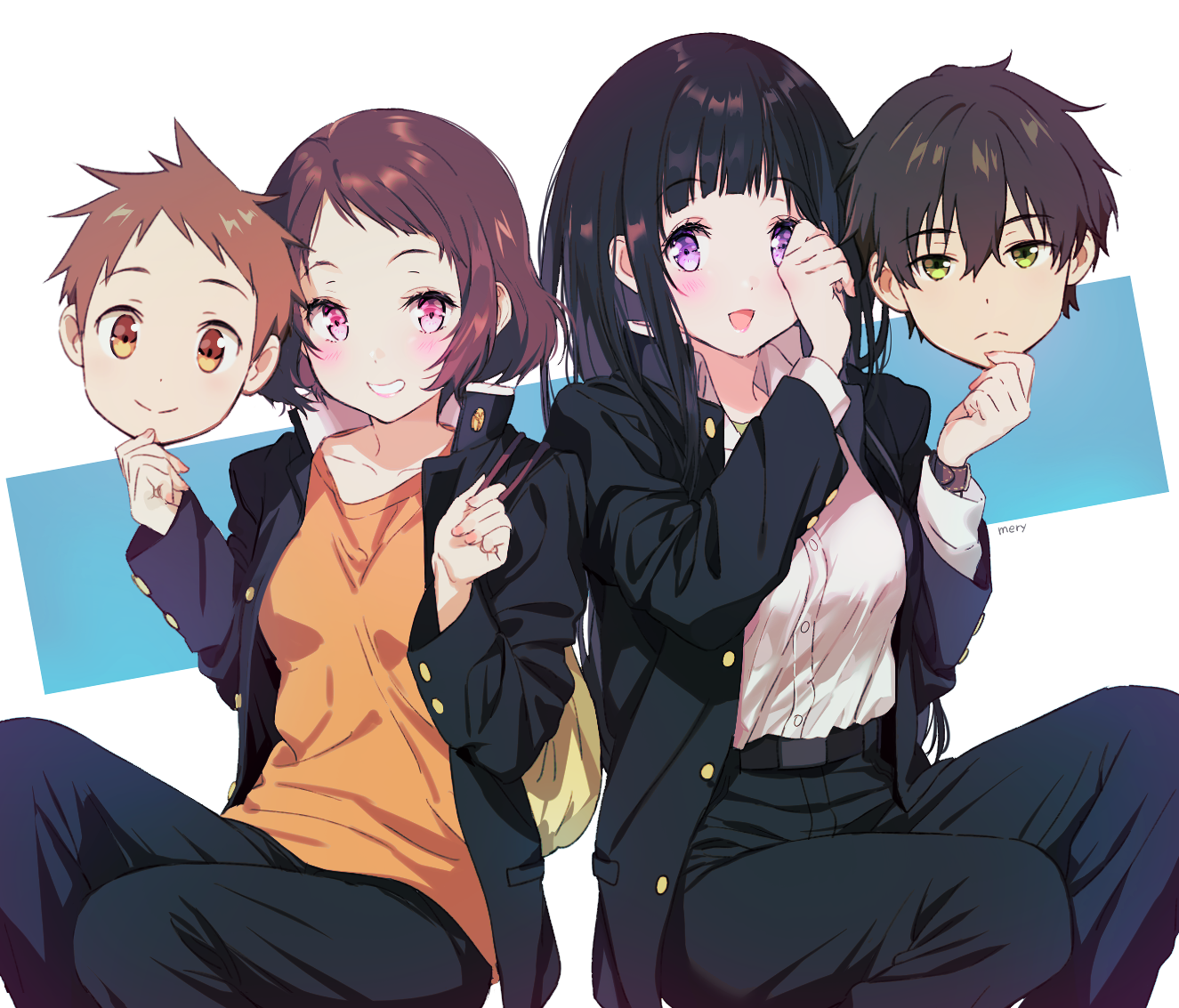 Hyouka, anime girls, anime boys, 2D, thighs, long hair, short hair, face mask, blushing, big boobs, small boobs, looking at viewer, Chitanda Eru, Oreki Houtarou, Ibara Mayaka, Fukube Satoshi, black hair, brunette, green eyes, purple eyes, pink eyes, fan art, curvy, open mouth, anime, HD Wallpaper
