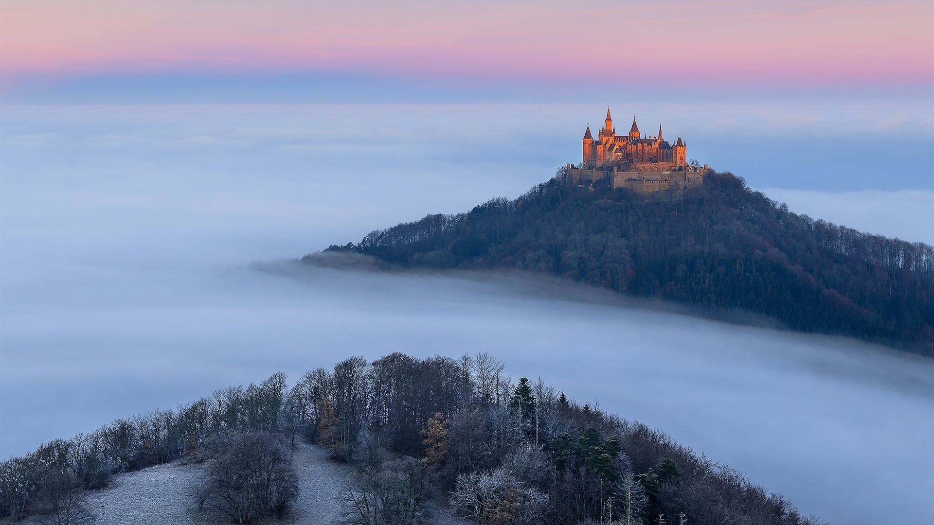 castle, forest, clouds, nature, hills, landscape, Castle Hohenzollern, Hohenzollern, HD Wallpaper