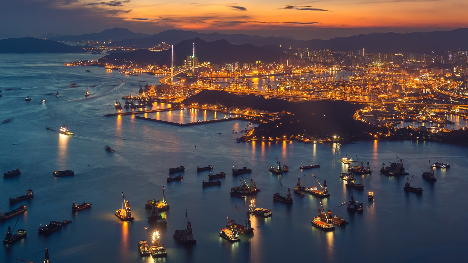 sunset, cityscape, ship, tug boats, lights, Hong Kong, shelter, HD Wallpaper