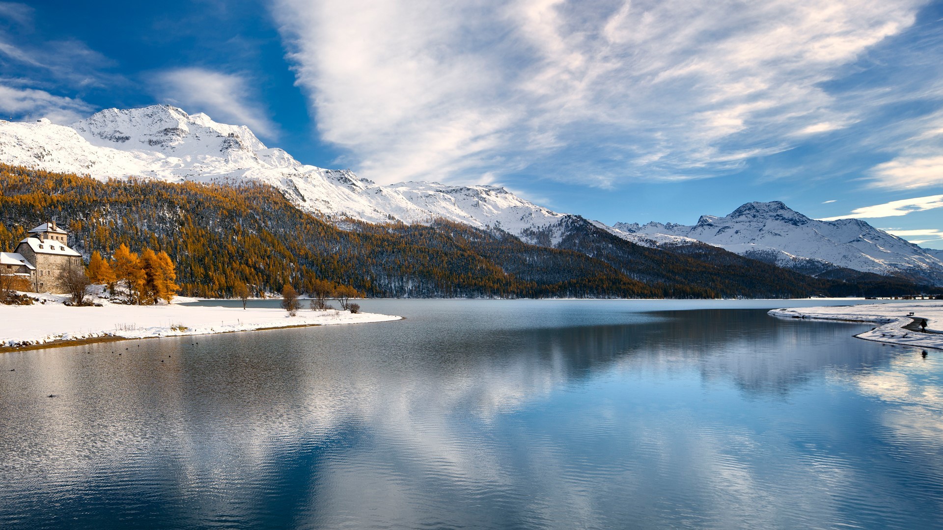 forest, nature, landscape, water ripples, snowy mountain, clouds, Alps, Switzerland, HD Wallpaper