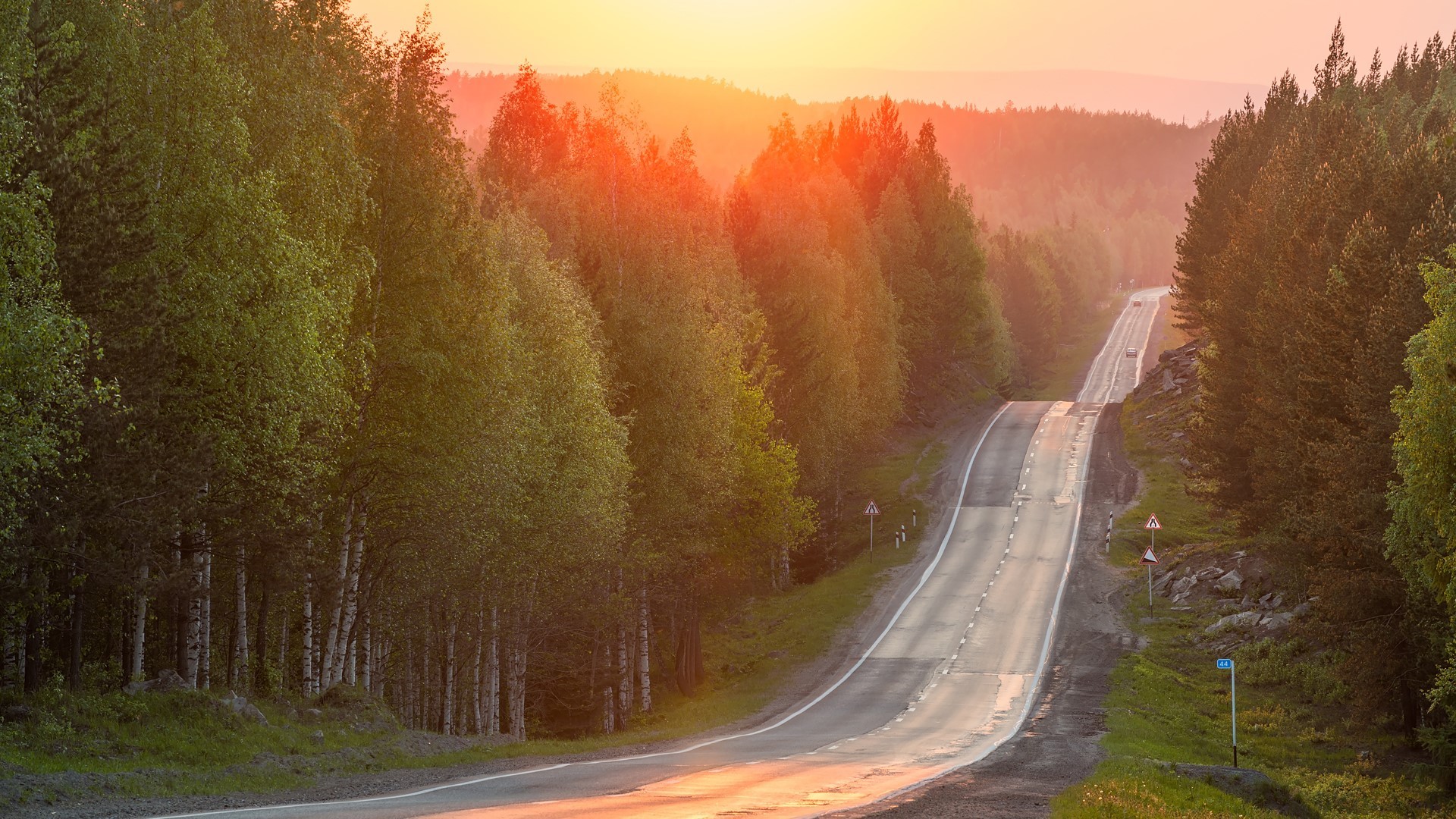 forest, nature, landscape, road, signboard, sunset, mountains, hills, Russia, HD Wallpaper