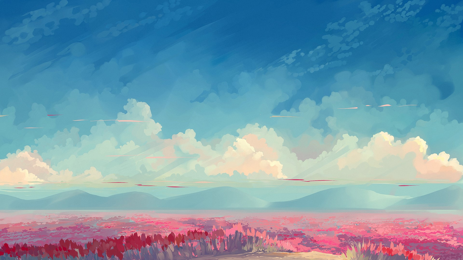 sky blue, clouds, flowers, painting, HD Wallpaper