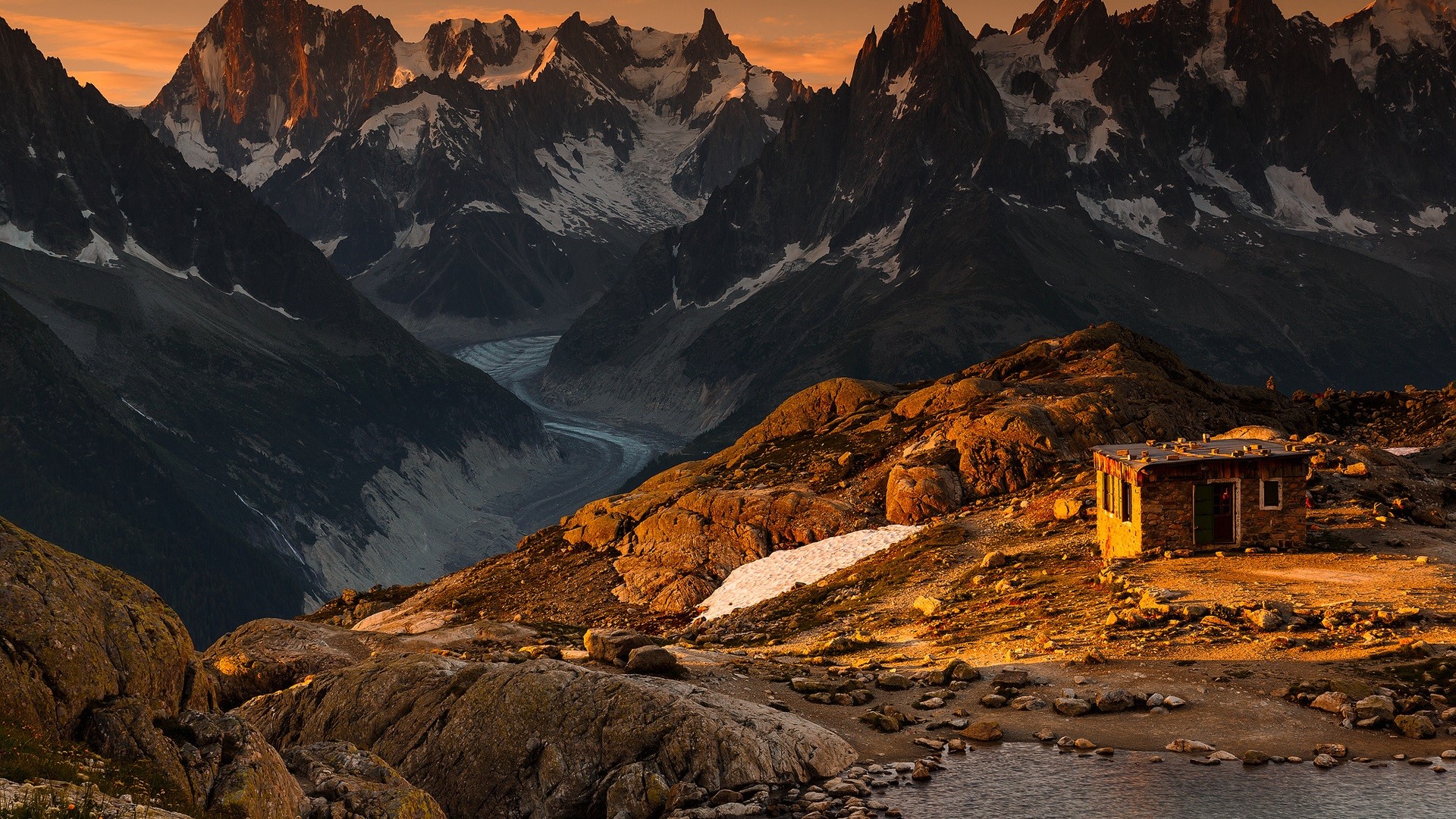 landscape, mountains, building, snow, rocks, nature, sunlight, HD Wallpaper