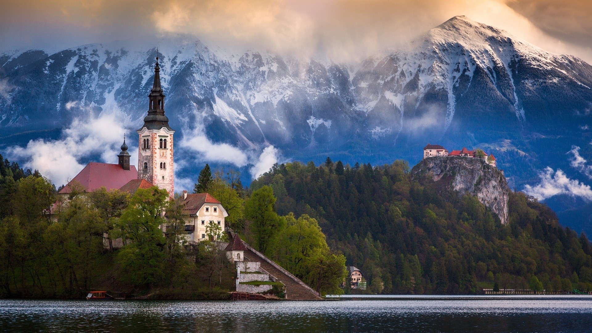 landscape, mountains, clouds, water, trees, snow, building, Lake Bled, Slovenia, HD Wallpaper