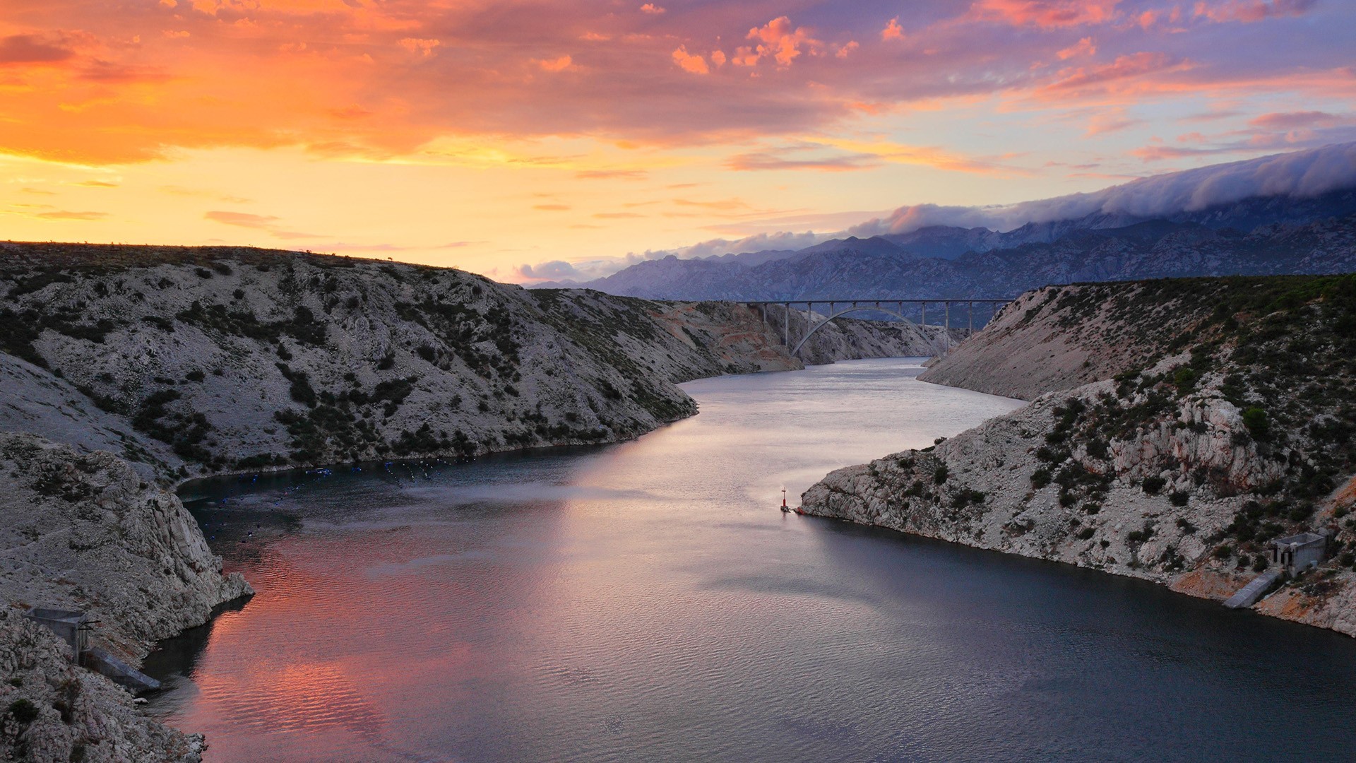 horizon, clouds, river, bridge, mountains, Croatia, plants, sunset, HD Wallpaper