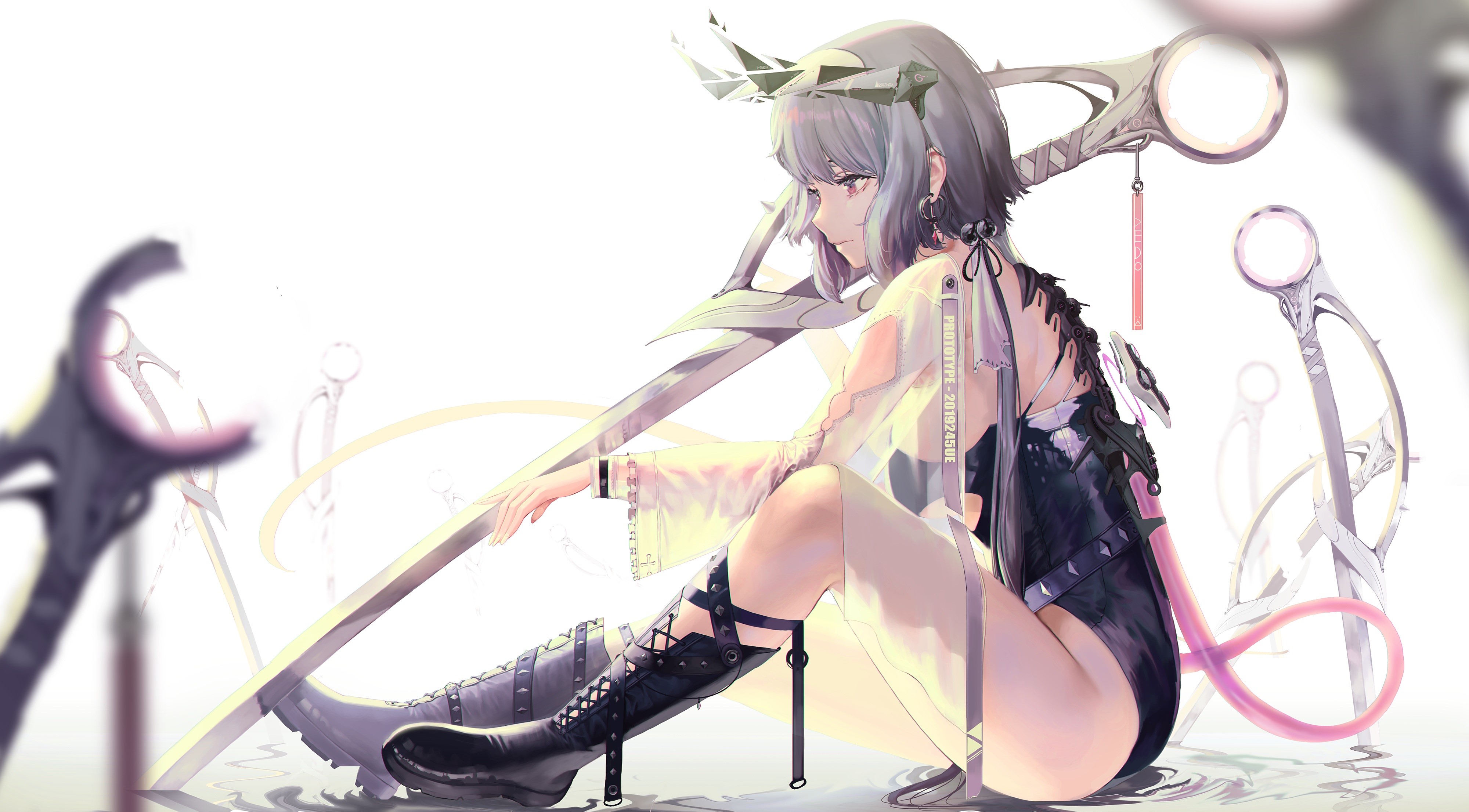 original characters, horns, leotard, see-through clothing, weapon, boots, white background, bodysuit, sitting, looking below, grey hair, twintails, torn clothes, mecha girls, liquid, sideboob, HD Wallpaper