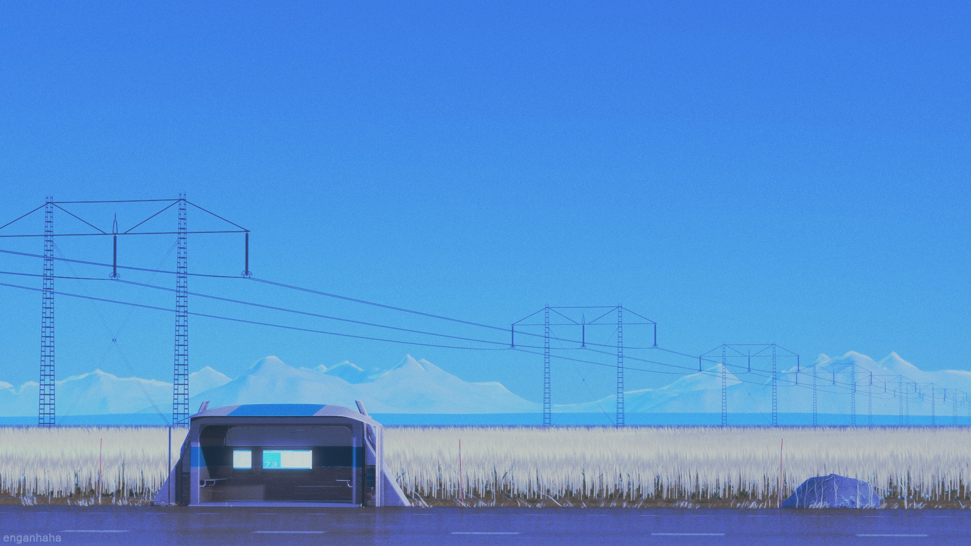 Robin Engström, clear sky, mountains, bus stop, road, watermarked, HD Wallpaper