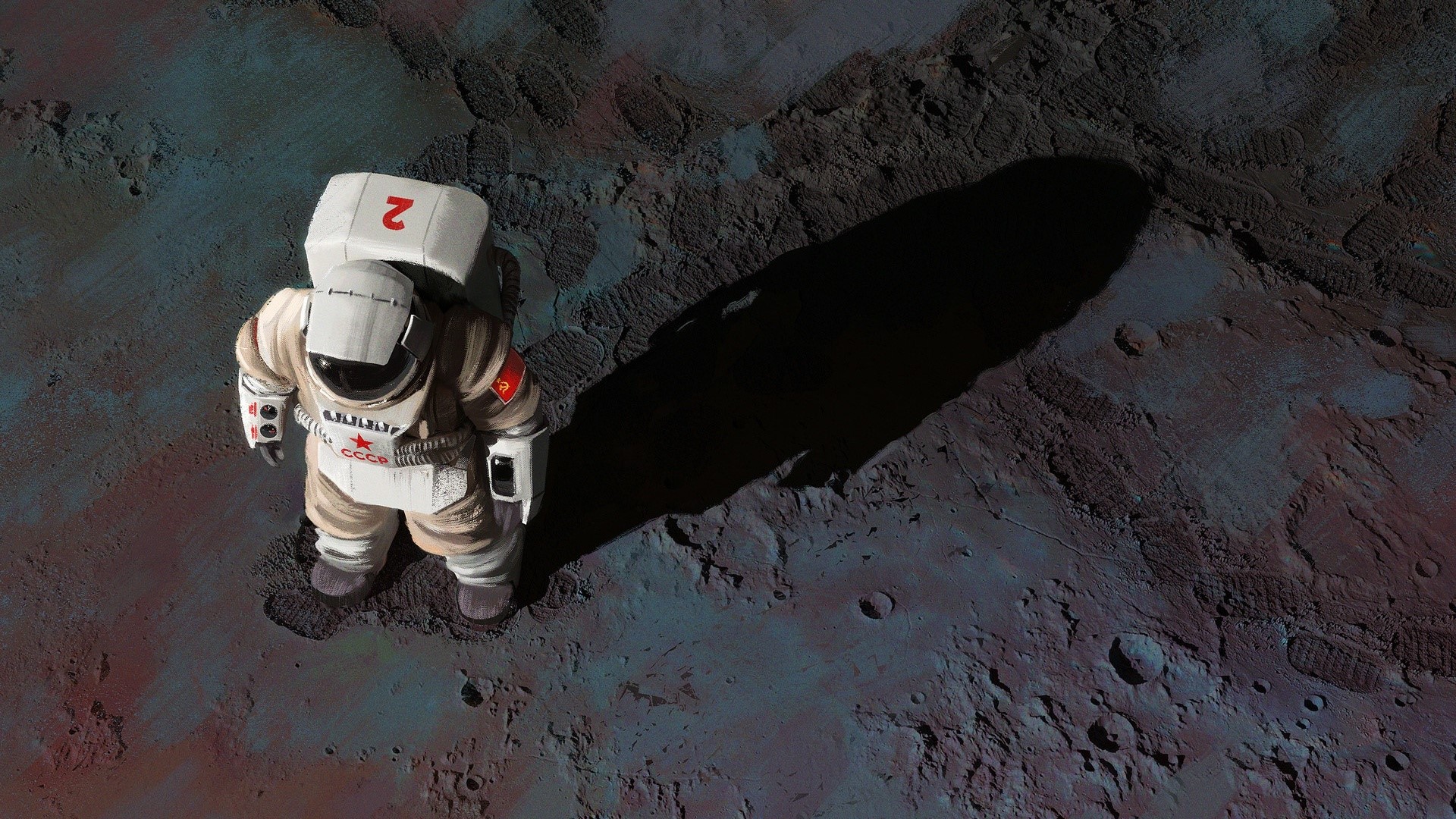 astronaut, spacesuit, helmet, digital art, Moon, shadow, USSR, footprints, top view, HD Wallpaper