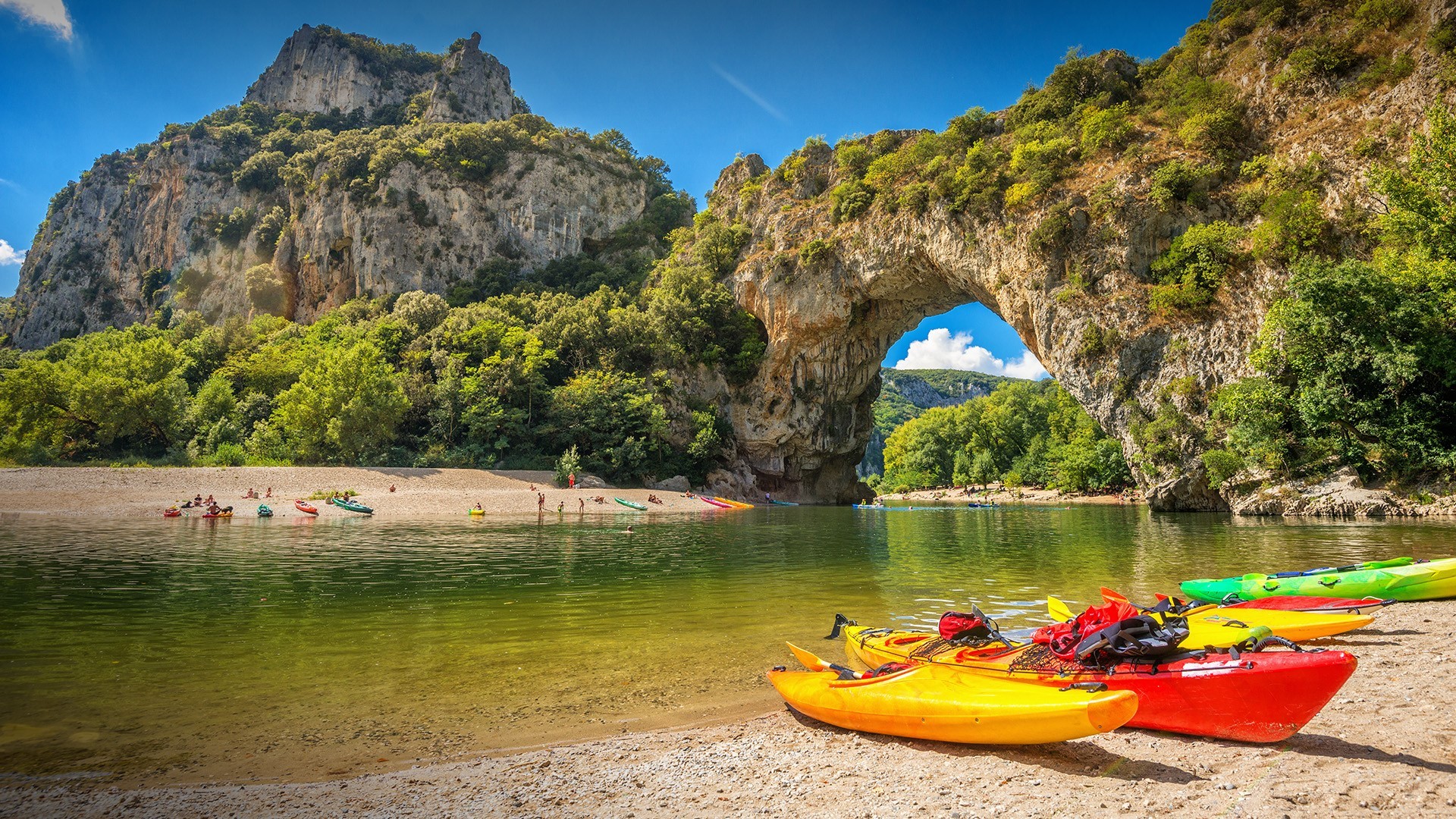 mountains, boat, river, trees, forest, sky, France, HD Wallpaper