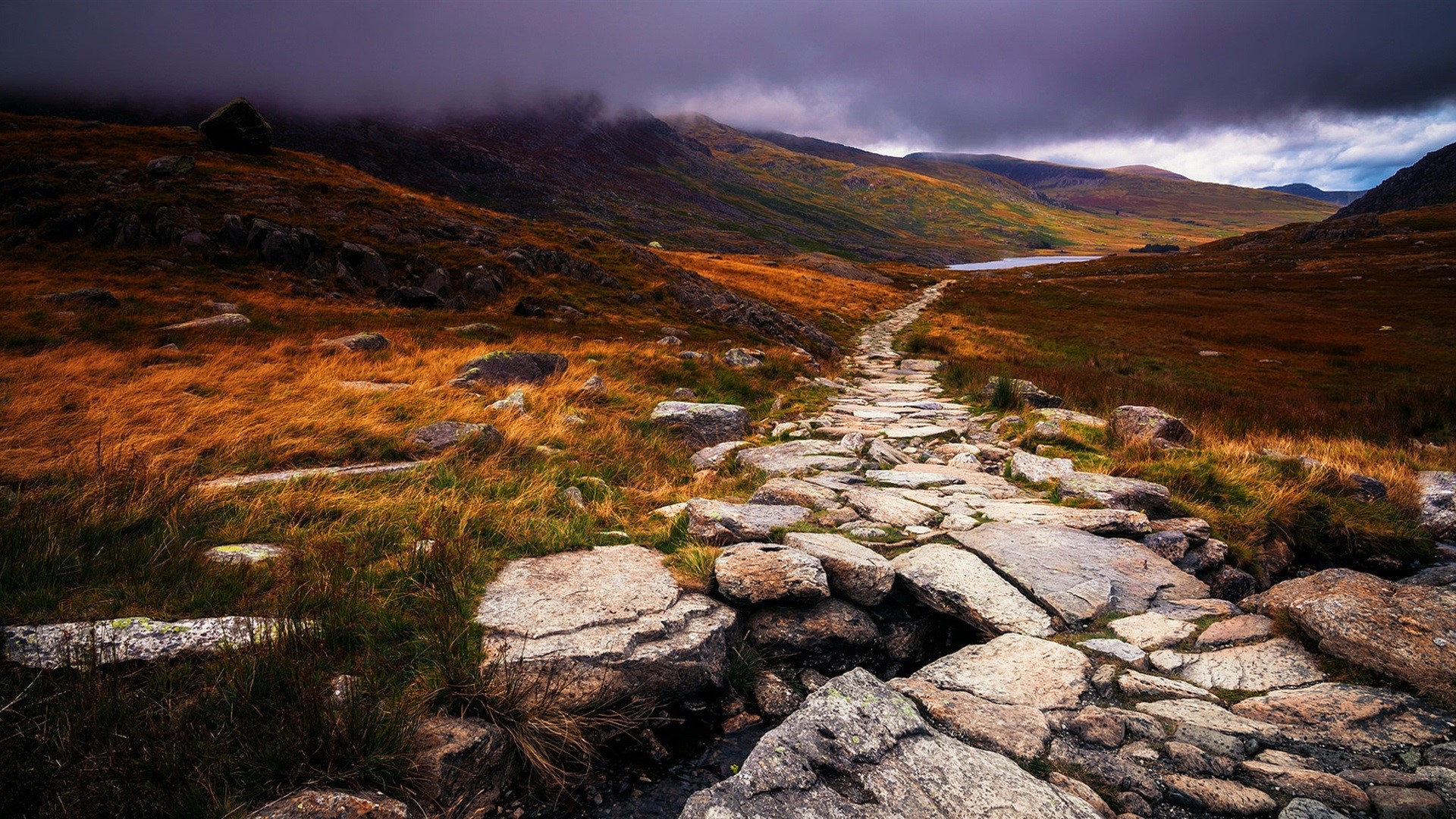 rocks, landscape, clouds, nature, grass, hills, HD Wallpaper