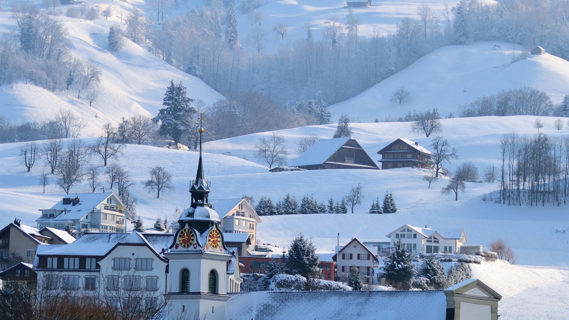 winter, snow, trees, building, nature, landscape, HD Wallpaper