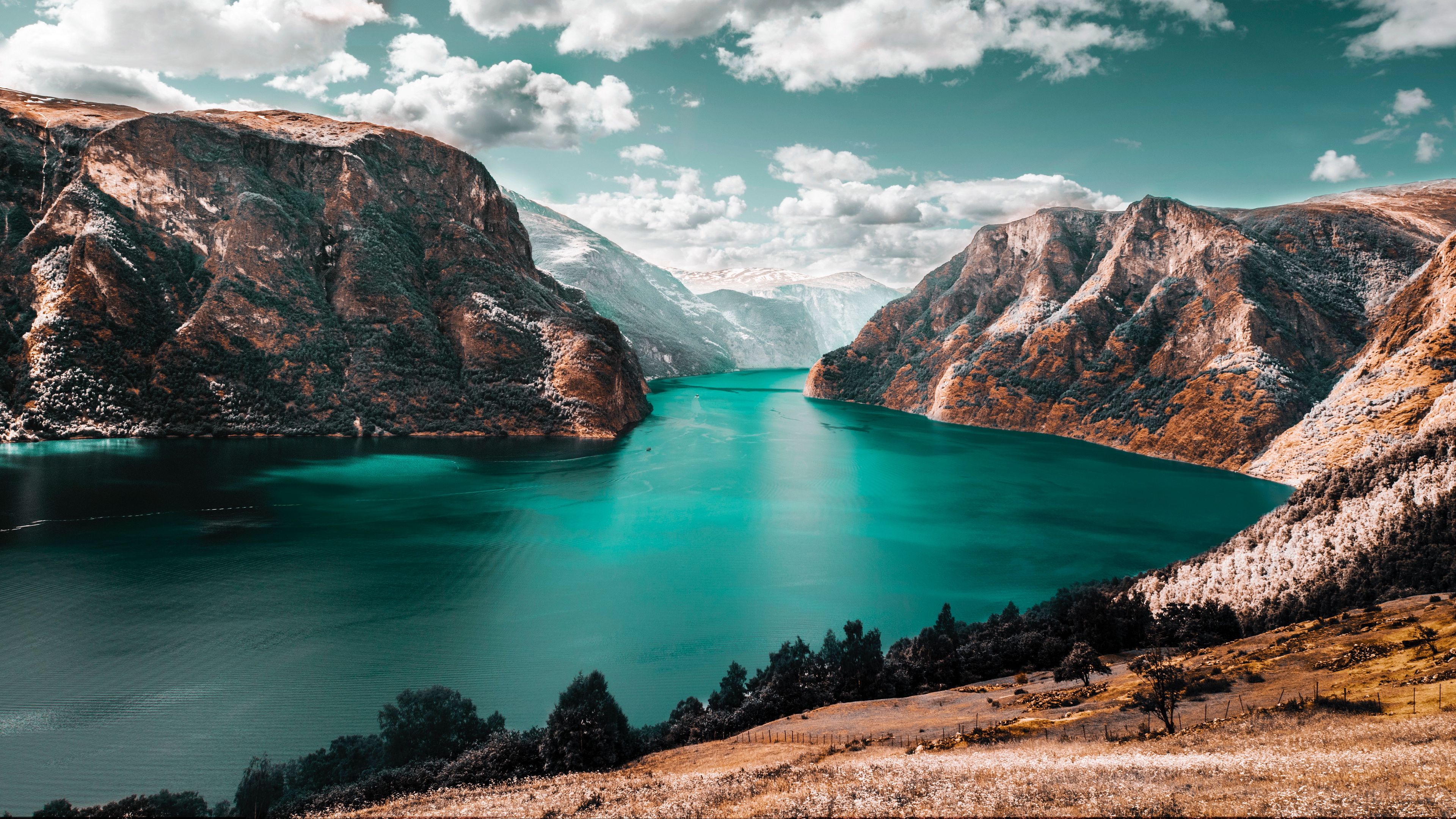 mountains, lake, sky, clouds, mountain landscape, grass, 4k, HD Wallpaper