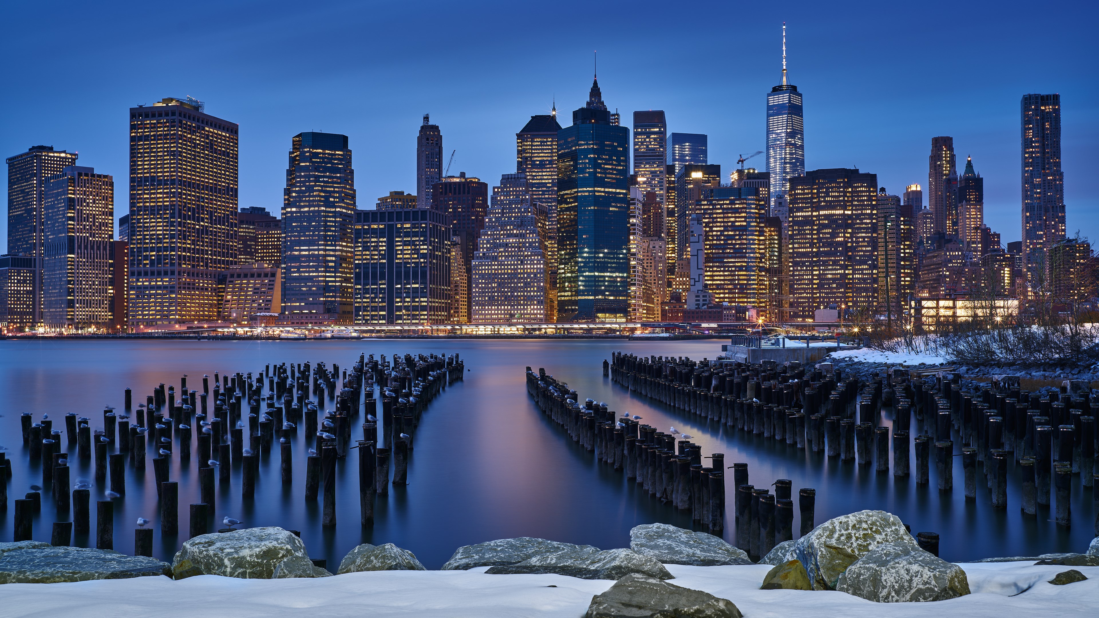 city, skyscraper, water, night, lights, clear sky, New York City, winter, HD Wallpaper