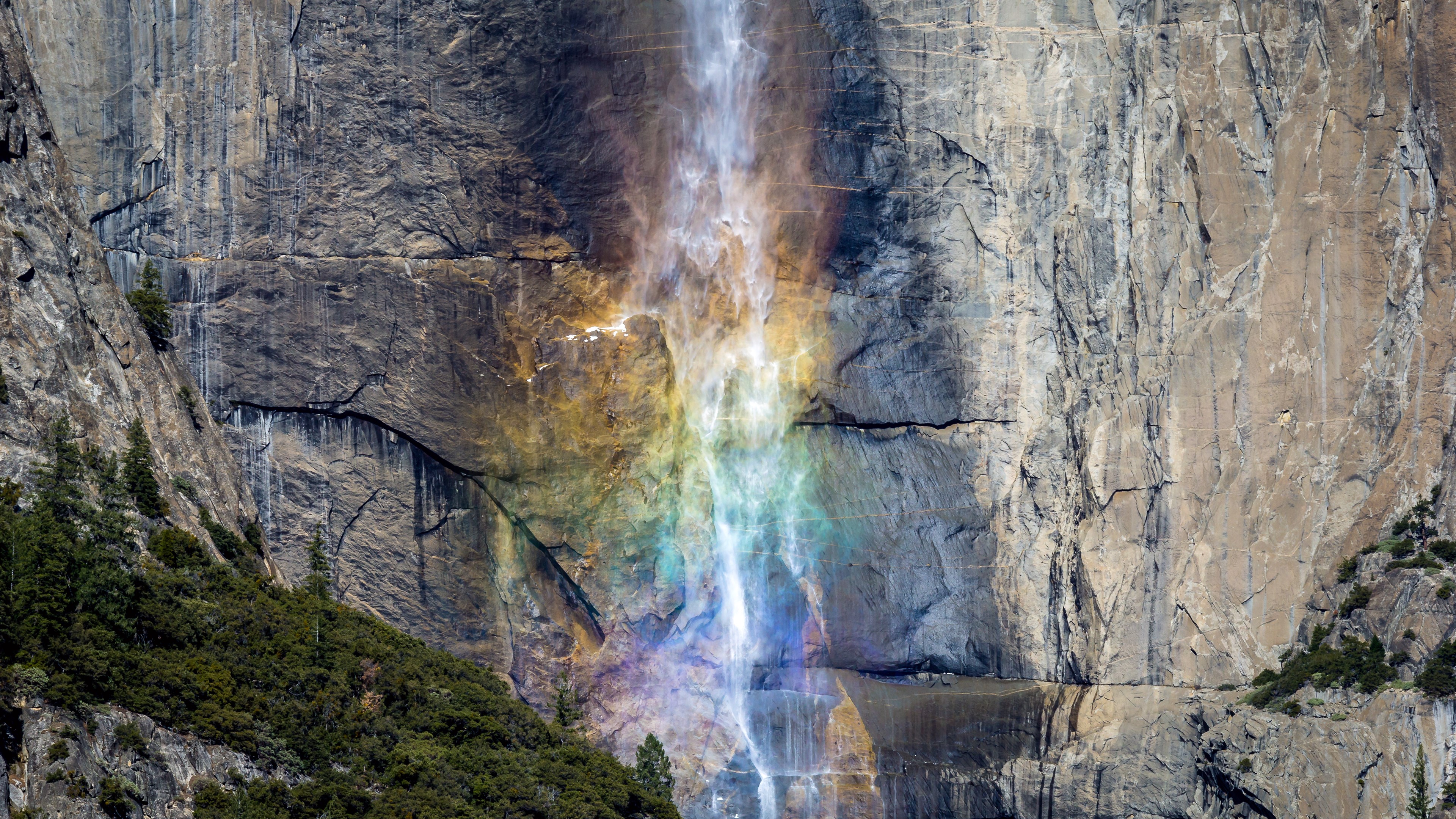 waterfall, rocks, nature, plants, Yosemite Falls, Yosemite National Park, rainbows, colorful, mountains, HD Wallpaper