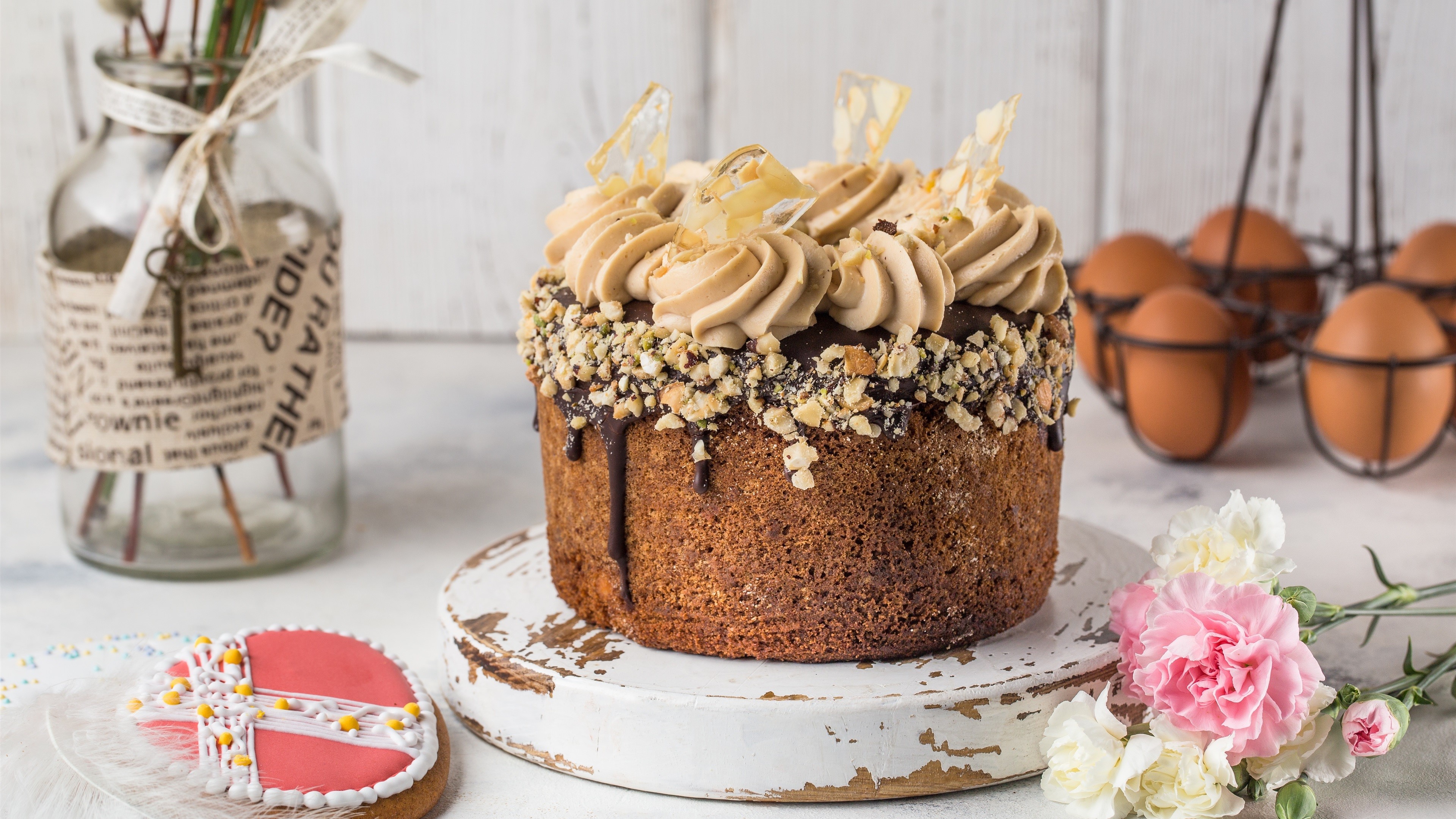 cake, chocolate, eggs, flowers, HD Wallpaper