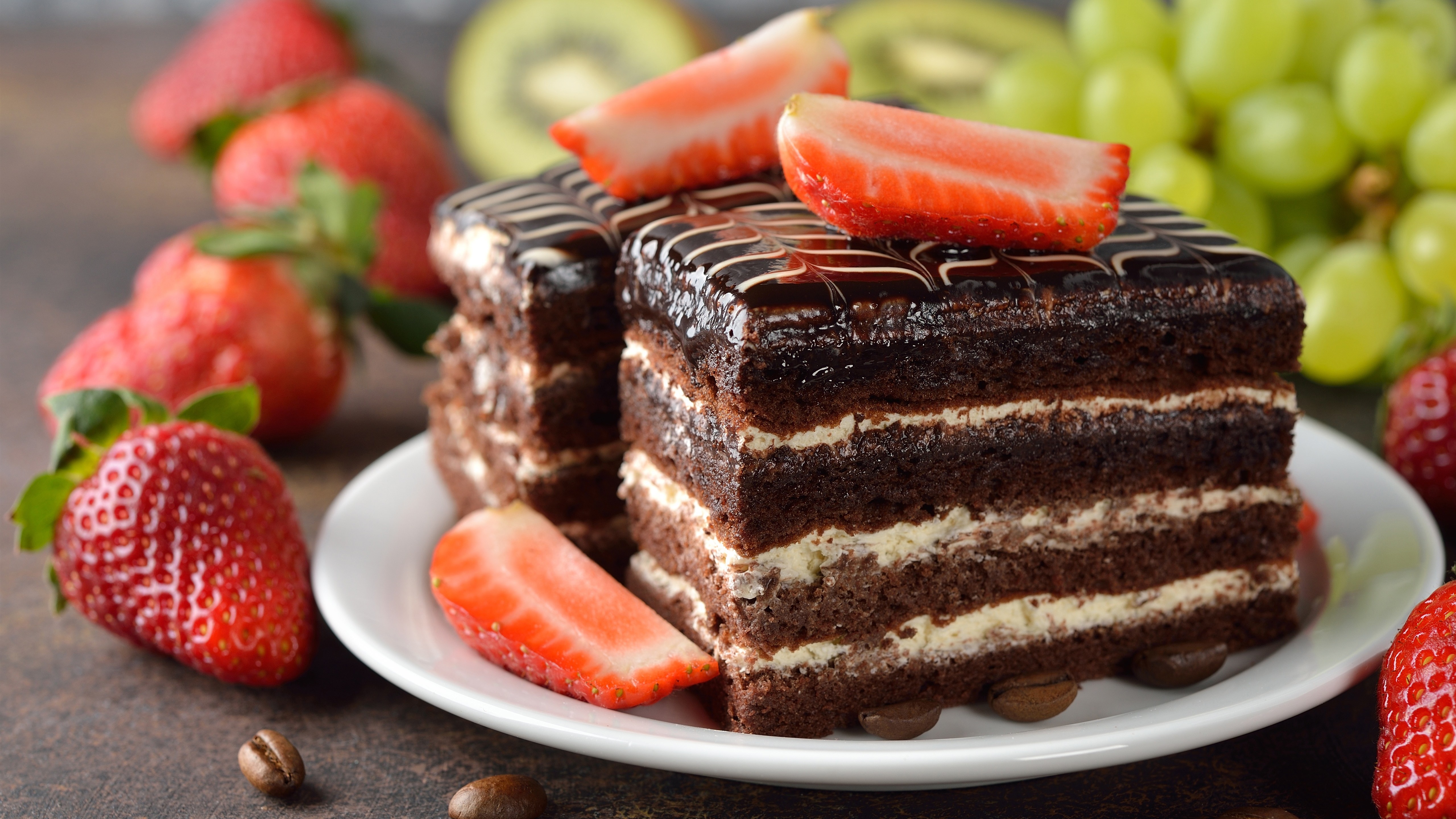 cake, chocolate, strawberries, dessert, Grape, plates, coffee, table, blurred, HD Wallpaper