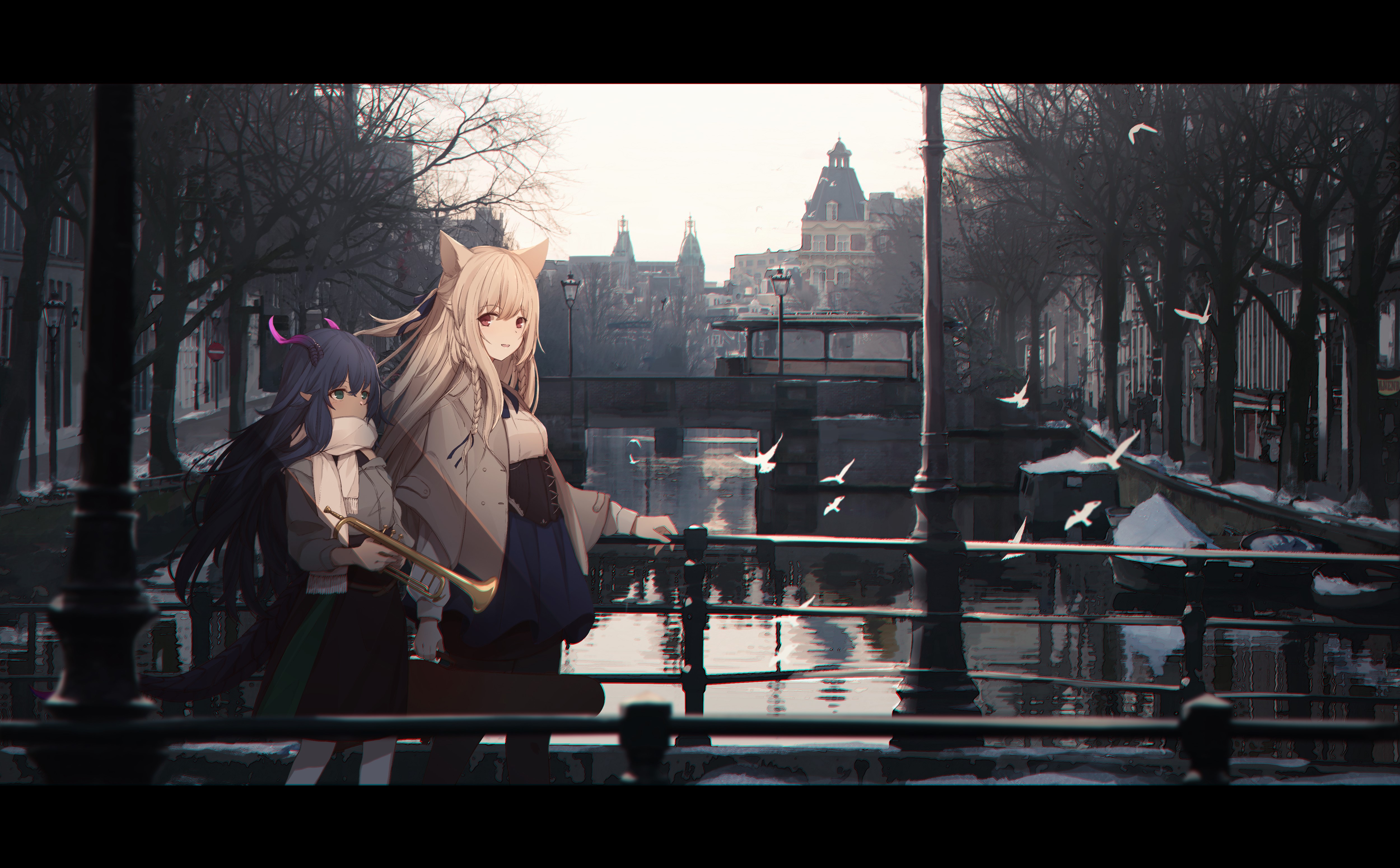 anime, anime girls, digital art, artwork, 2D, portrait, picture-in-picture, city, birds, water, river, moescape, HD Wallpaper