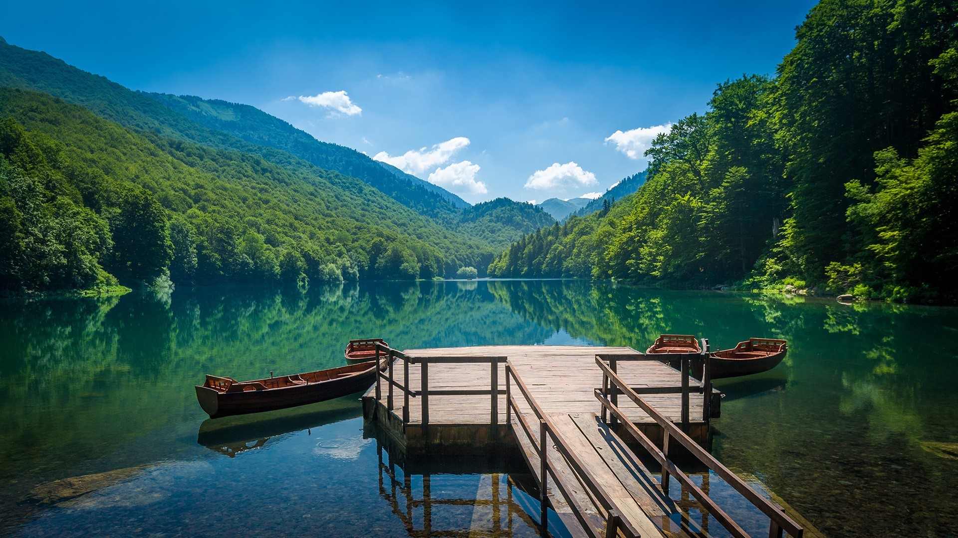 mountains, sky, clouds, nature, landscape, boat, reflection, trees, lake, Montenegro, Biogradsko lake, HD Wallpaper