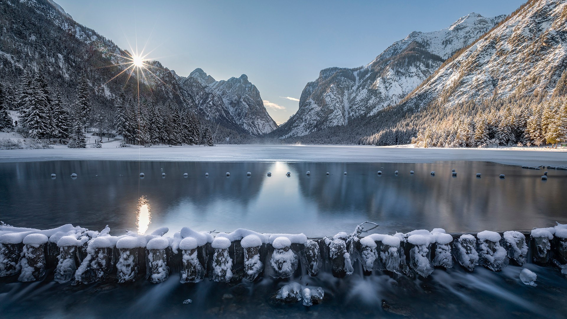 nature, landscape, mountains, river, water, Italy, sunrise, ice, winter, HD Wallpaper