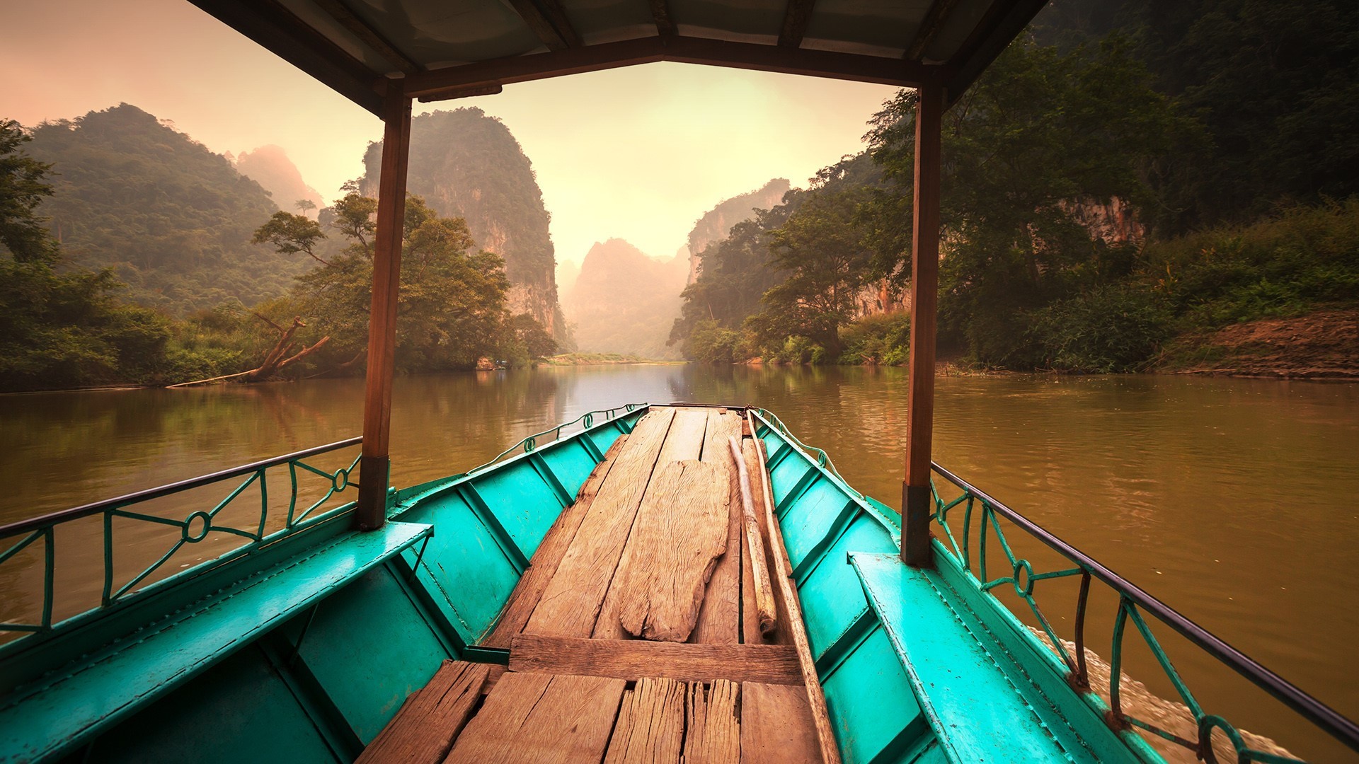 nature, landscape, mountains, river, water, Vietnam, boat, wood, trees, mist, HD Wallpaper