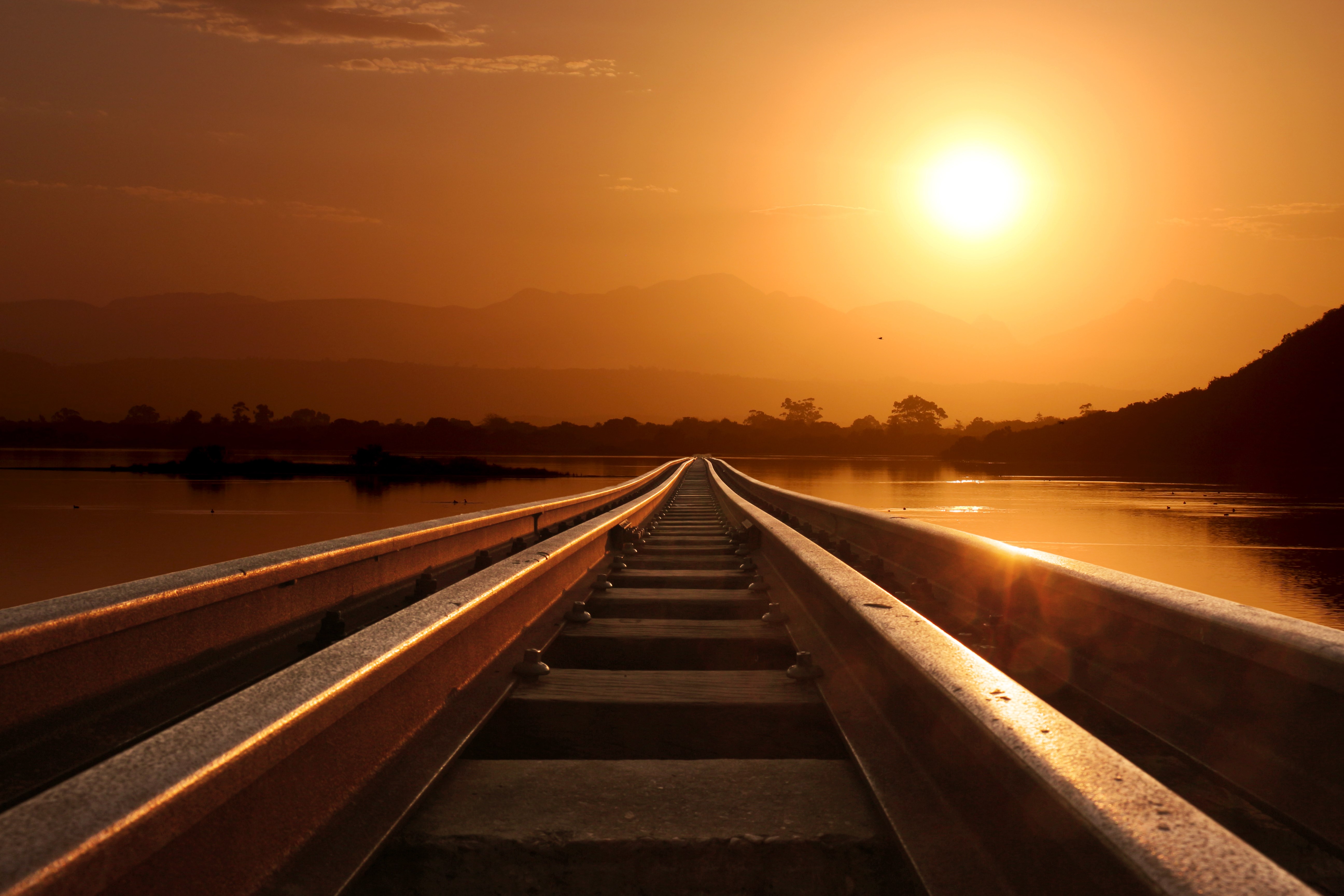 sunset, railway, railway crossing, river, tracks, HD Wallpaper