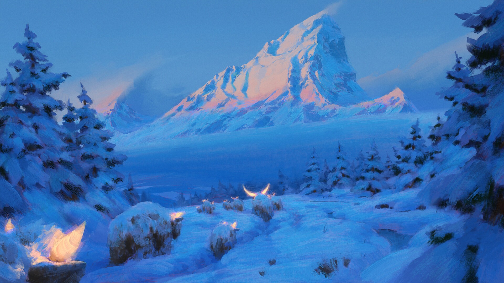 environment, glowing, horns, mountains, snow, trees, bison, fantasy art, artwork, nature, HD Wallpaper