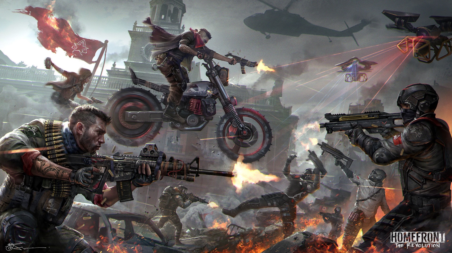 war, soldier, weapon, machine gun, scarf, fighting, drone, helicopter, flag, army, rifles, assault rifle, Sub machine gun, motorcycle, pistol, fire, sparks, laser, scan, Homefront: The Revolution, bullet, video games, video game art, HD Wallpaper