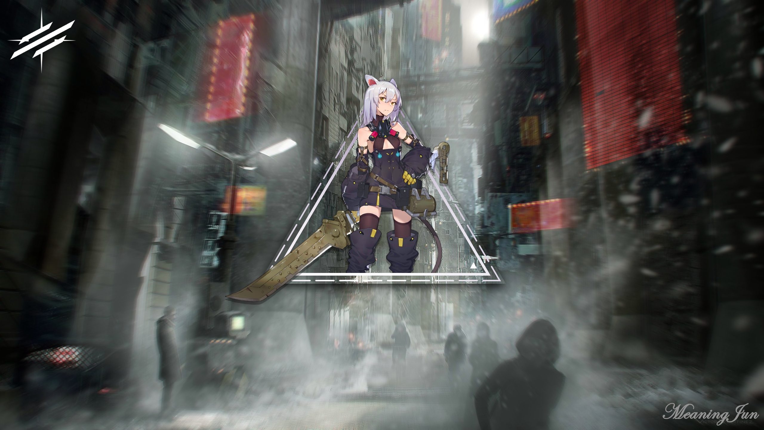 2D, anime girls, anime, picture-in-picture, MeaningJun, digital art, street, city, futuristic city, fantasy art, Arknights, Scavenger(Arknights), cat ears, thigh-highs, warrior girls, soldier, white hair, HD Wallpaper