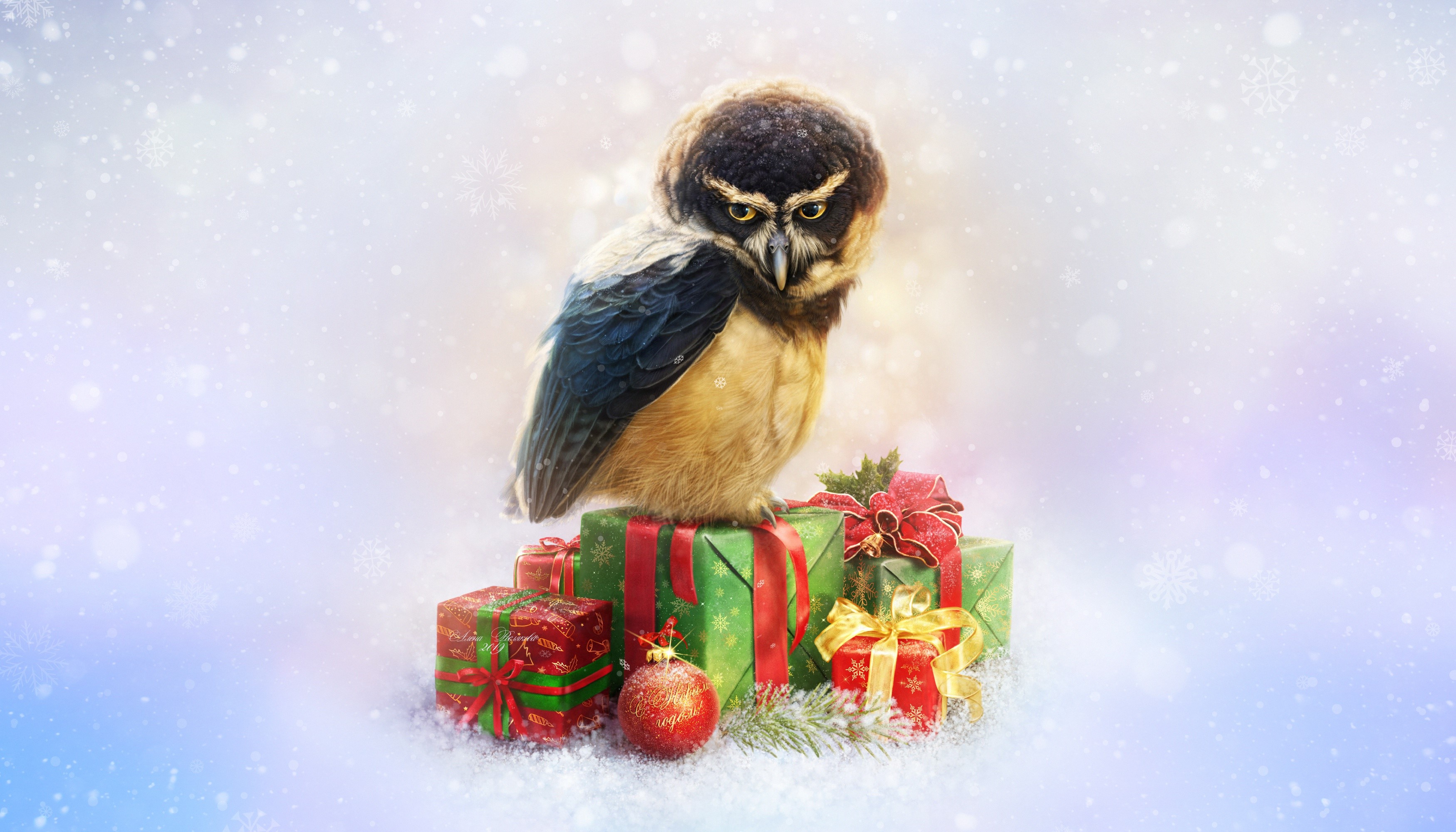 Elena Roslyakova, animals, artwork, birds, Christmas, presents, owl, HD Wallpaper