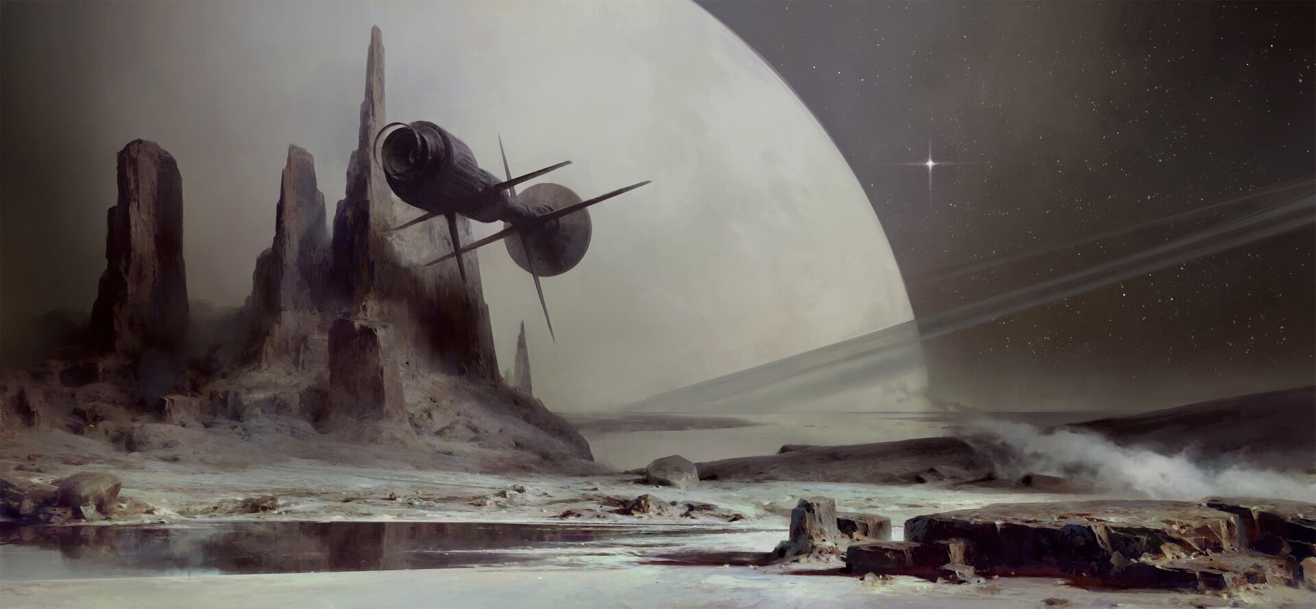 science fiction, artwork, planet, ArtStation, spaceship, HD Wallpaper